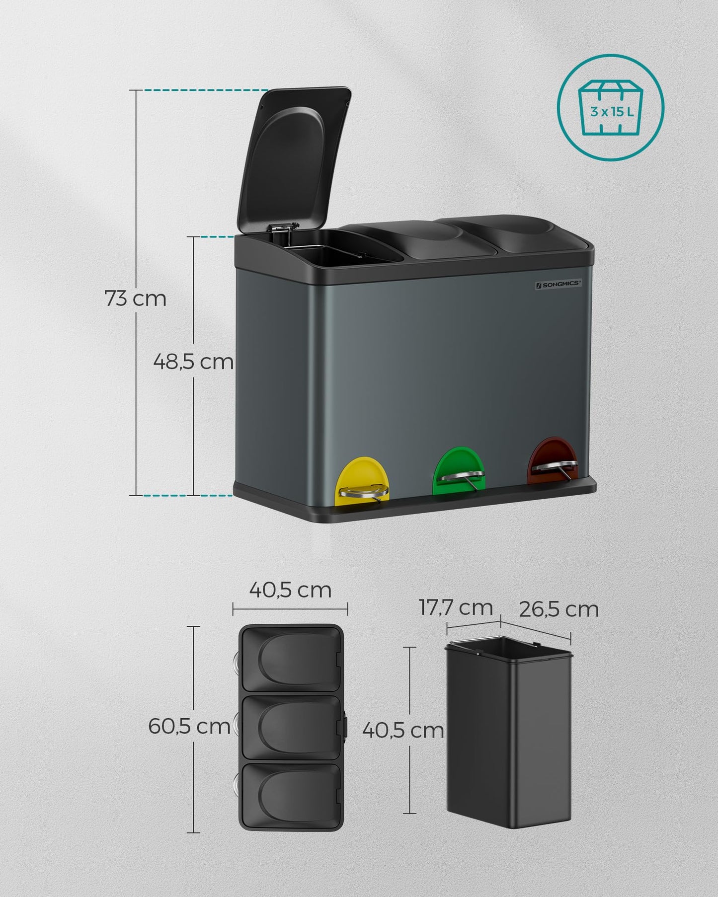 SONGMICS Kitchen Trash Can, Waste Separation System 3 Compartments, Garbage Bin, 45 Liter Metal Step Trash Can, 3 x 15 Liter, Step Trash Can with Lid, Steel, Green Grey-Ink Black LTB45G