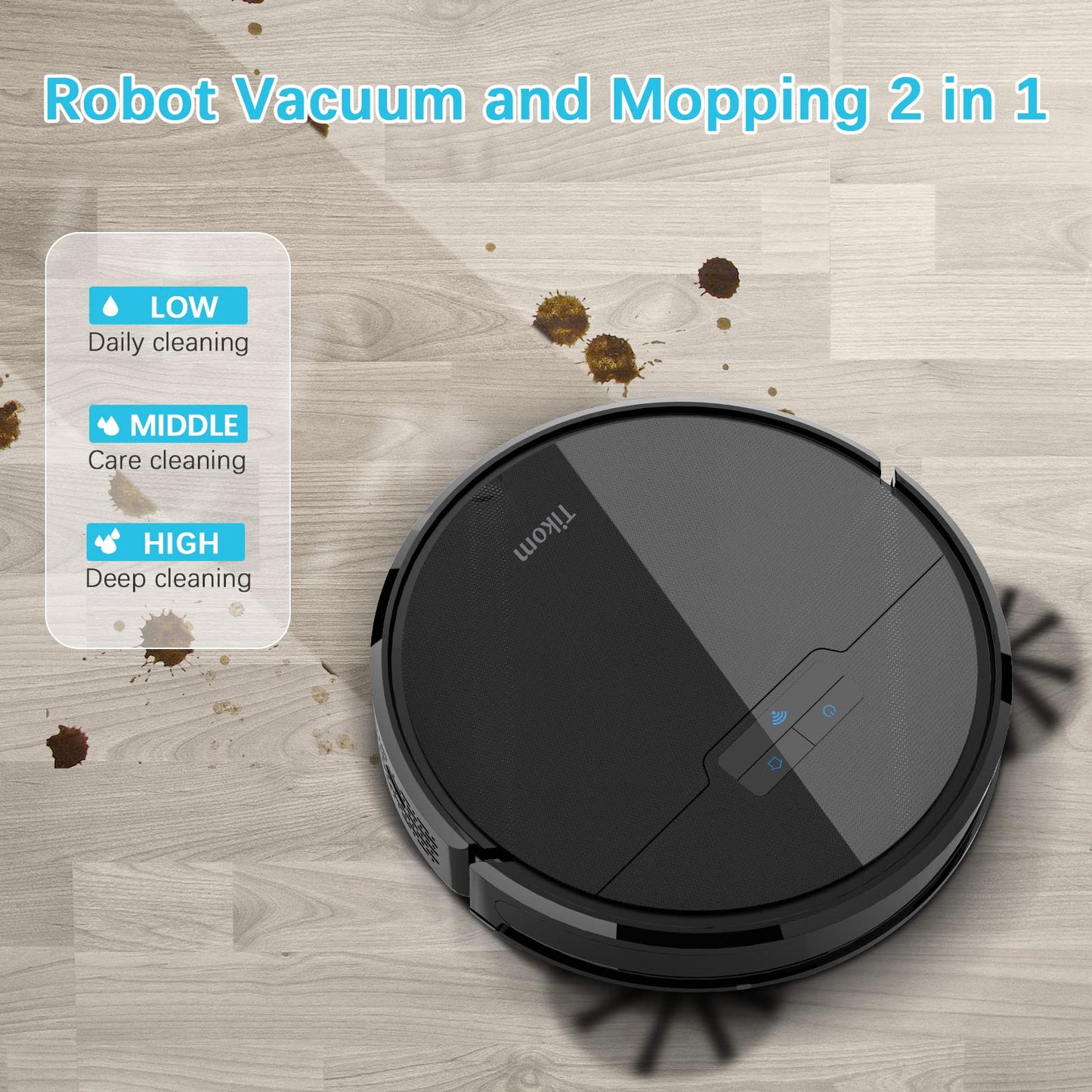 Robot vacuum cleaner, Tikom G8000 robotic vacuum with mopping function, 2700Pa suction power, Wi-Fi, for pet hair, carpets, and hard floors, Black
