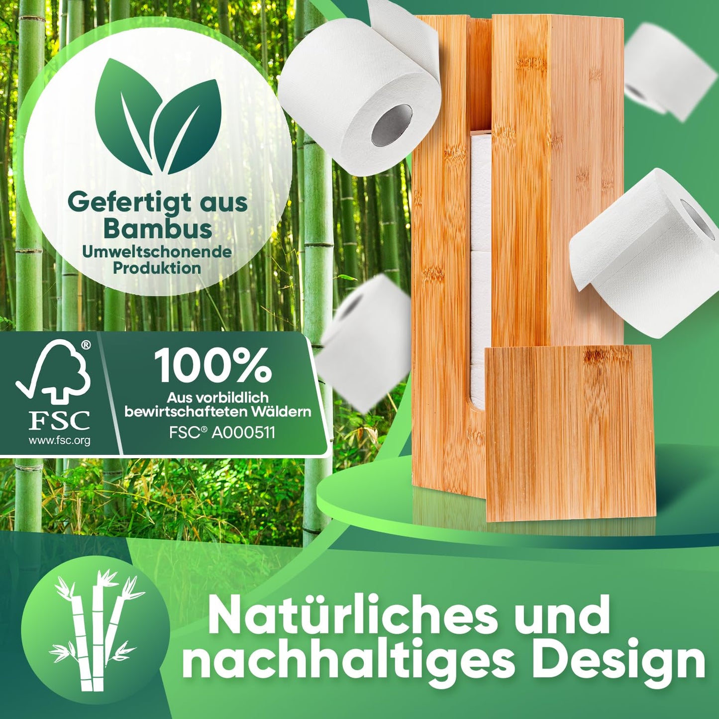 Loco Bird bamboo toilet paper holder - storage for 4 rolls - freestanding toilet paper holder with lid, wooden toilet paper storage, toilet paper roll holder.