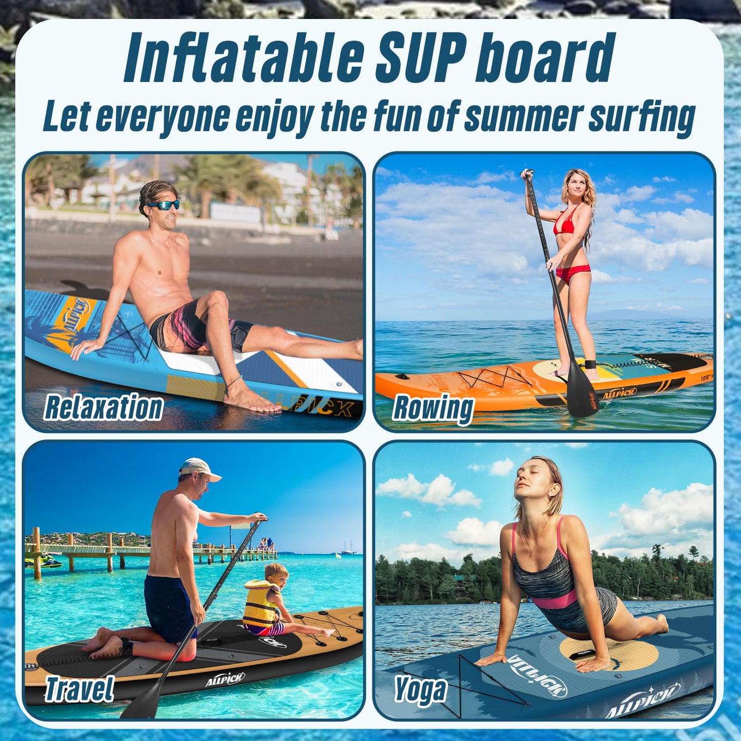 ALLPICK Premium SUP Board Set, Inflatable Stand Up Paddle Board, with Universal Camera Mount, Complete Accessories, Adjustable Paddle, for Beginners, Advanced, 200kg (Mysterious Blue)