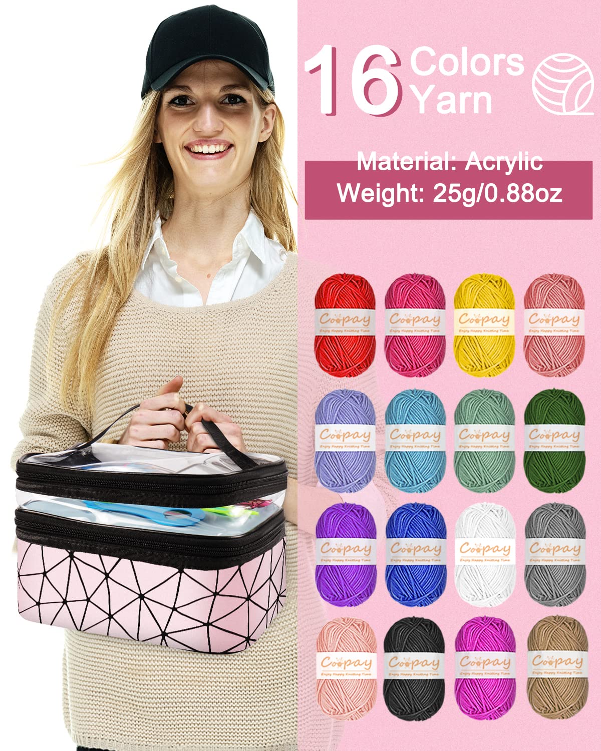 Coopay Crochet Kit for Beginners, 71 Piece Crochet Hook Set with Bag and Yarn, Premium Crochet Set with Knitting Accessories and Yarn, 0.6-6.0 mm Crochet Hooks Set, Complete Beginner Crochet Hook Sets Gifts, Pink