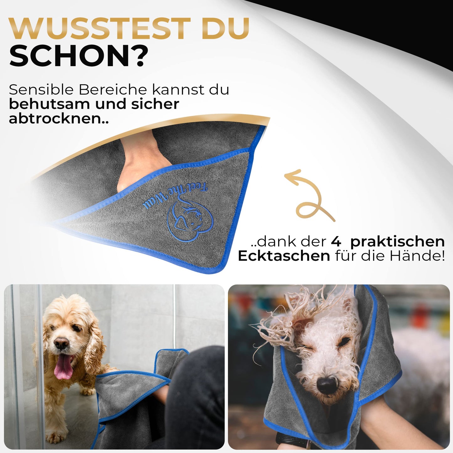 FeelTheWau Dog Towel extra absorbent - Dog towel for big dogs and small dogs - SUPER SOFT - Dog towel - Gift for dog owners (1 pack 130x75cm, Gray/Blue)