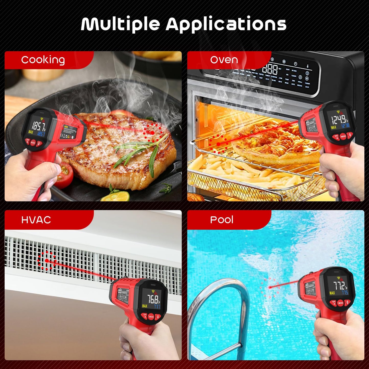 Infrared thermometer, SQECH temperature measuring device -50℃~600℃ (-58℉~1112℉), with adjustable emissivity and colored backlight, for cooking, pizza oven, refrigerator, industrial (Red)