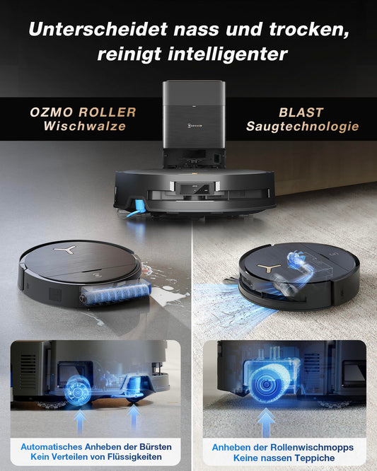 ECOVACS DEEBOT X9 PRO is a robot vacuum cleaner with mopping function, 16,600 Pa suction power, OZMO Roller, ZeroTangle 3.0, TruEdge 2.0, hot water mopping, hot air drying, All-in-One Omni Station, and YIKO-GPT.