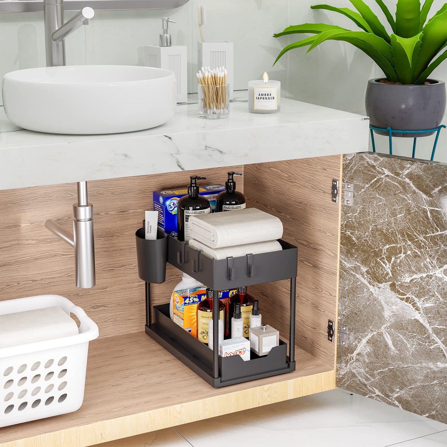 Puricon under sink shelf cabinet organizer, 2-tier countertop kitchen rack organizer, multifunctional spice rack under cabinet shelf sink rack - Black