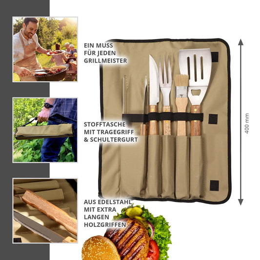 BBQ utensil set (5 pieces): Includes grill tongs, meat fork, grill knife, brush, and grill spatula. Comes with carrying bag, perfect grilling accessories for men. Made of stainless steel.