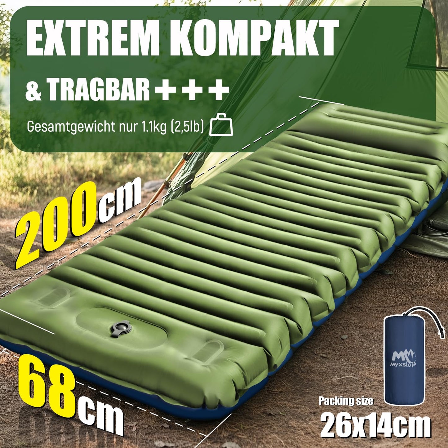 Myxslop Camping self-inflating sleeping mat, 12CM thickened camping air mattress, inflatable mattress with foot pump & pillow, ultralight sleeping pad for hiking, beach, travel, tent.
