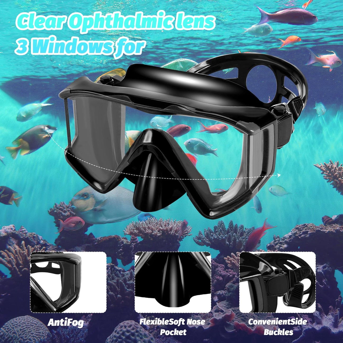 Adult Snorkel Set, Adult Diving Mask with Dry Snorkel, Waterproof Dive Mask Anti-Fog Anti-Leak, With Tempered Glass Lens, Snorkeling and Diving Snorkel Sets (Black)