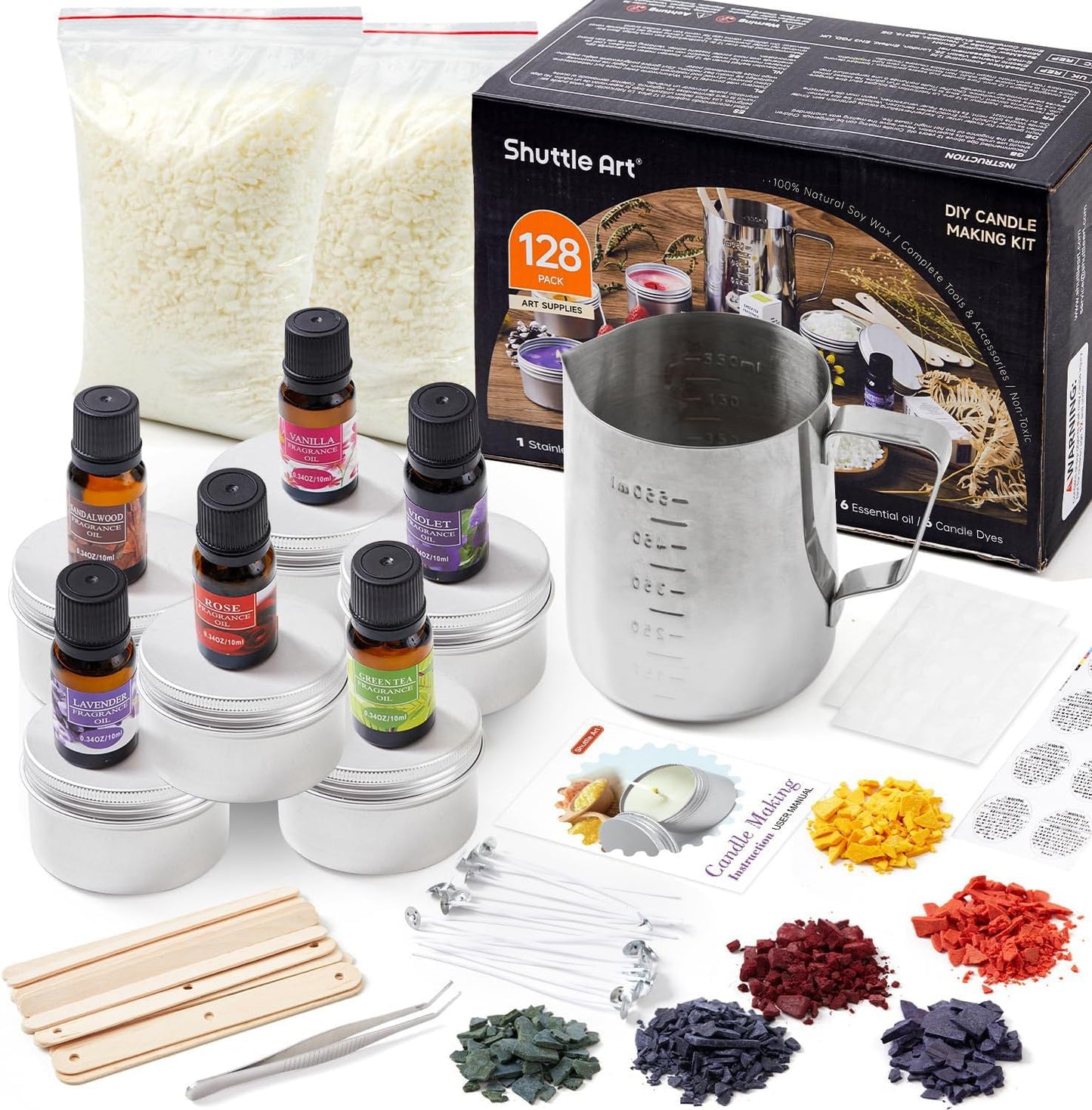 Shuttle Art DIY Candle Making Set with 3lbs Soy Wax, Melting Pot, Fragrance Oil, Wicks, Candle Tins, Dyes, Candle Wick Holder, Candle Making Kit, DIY Scented Candles.