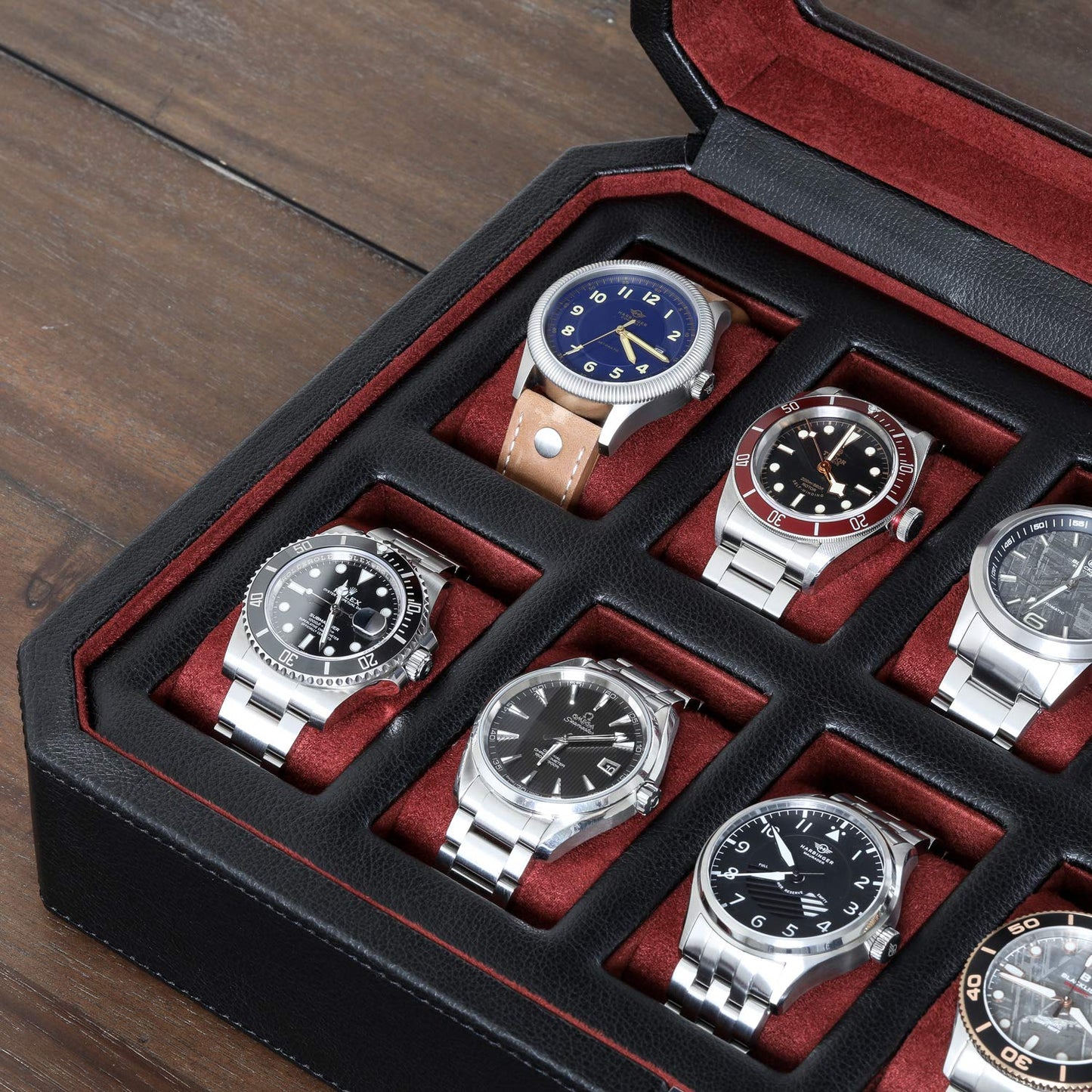 ROTHWELL 12 Slot Leather Watch Box - Luxury Watch Case Display Organizer, Men's Storage Boxes Holder Large Glass Top (Black/Red)