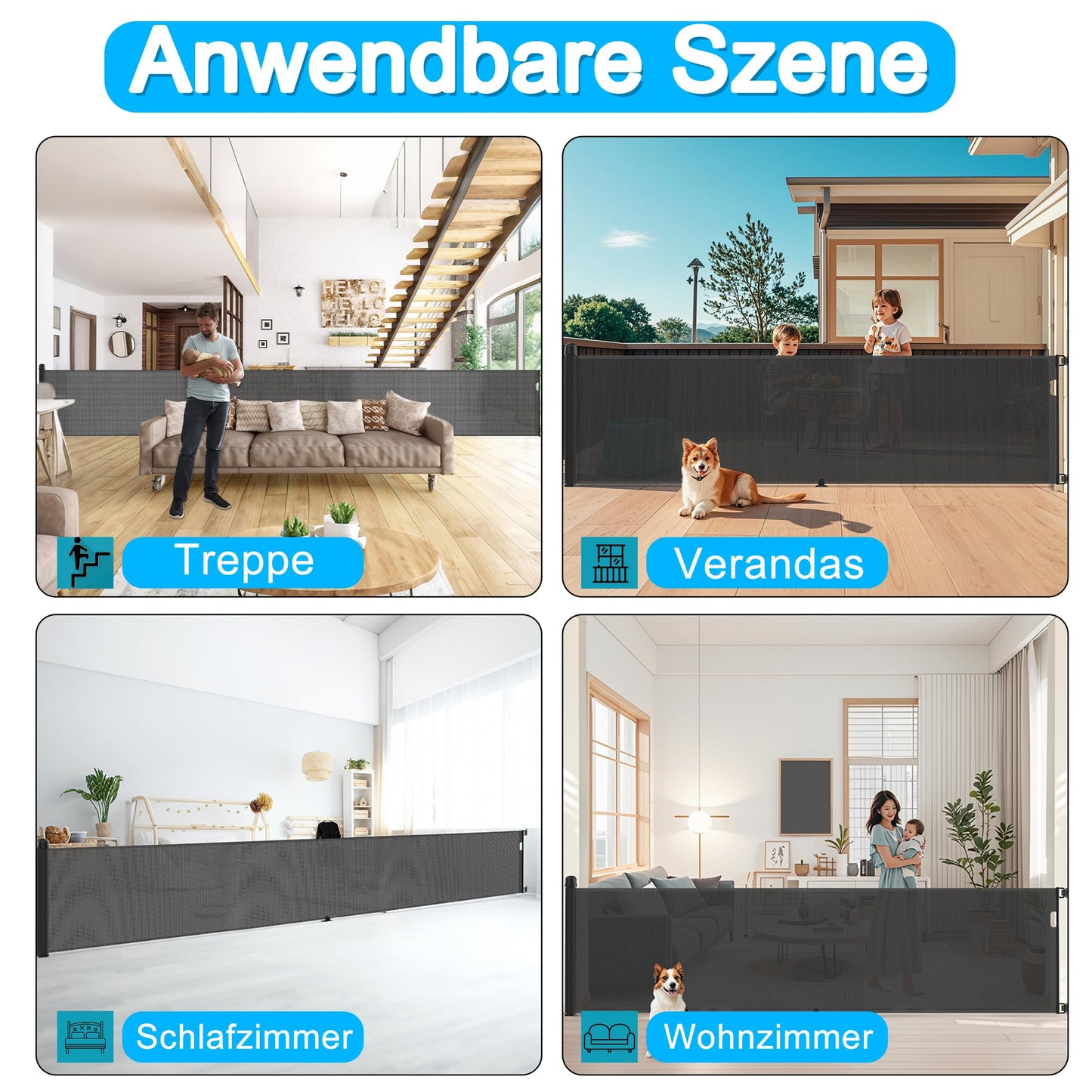 Expandable stair gate 300cm, baby door gate, safety gate staircase for cats and dogs, extra wide baby gate, stair safety roller for indoor outdoor use, black.