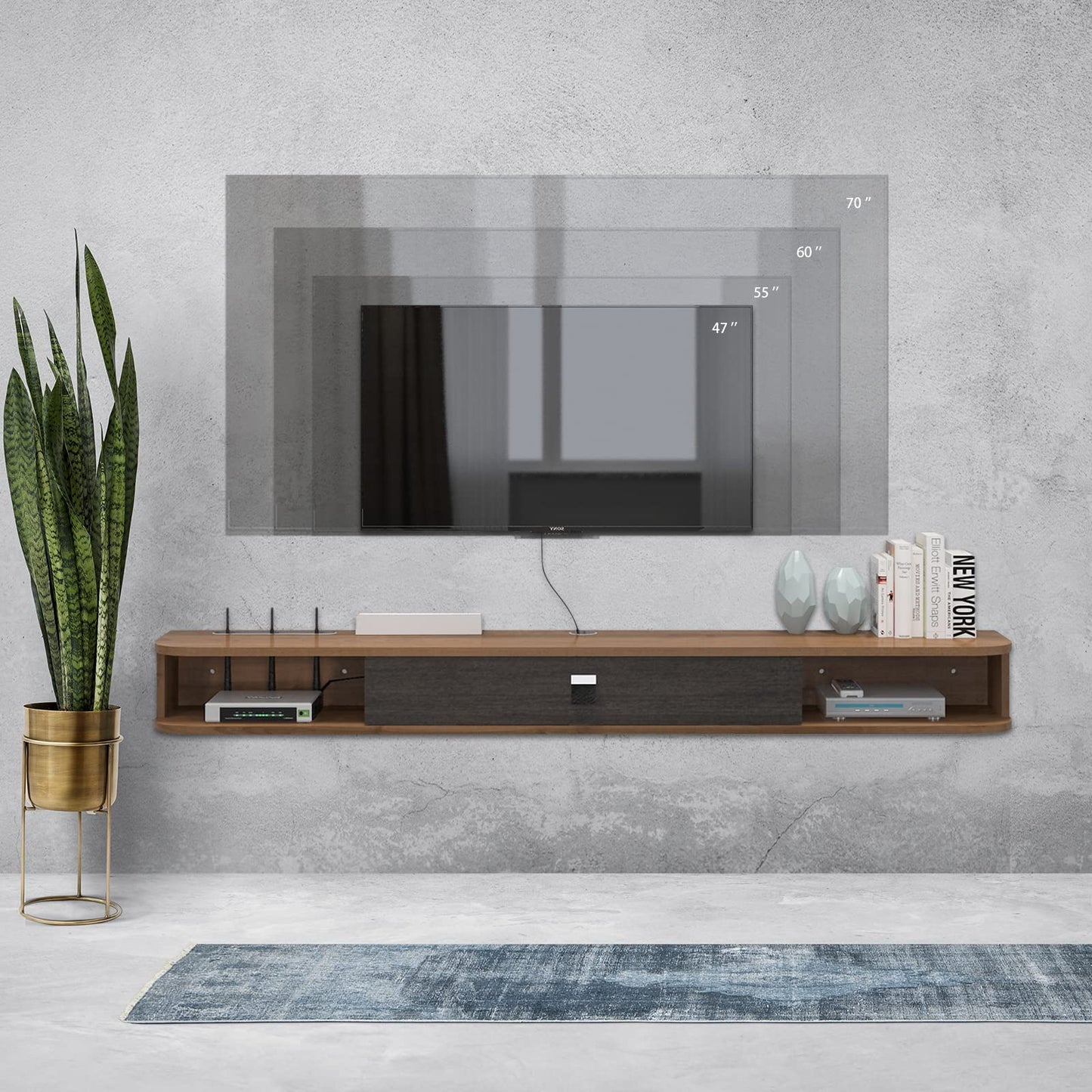 Pmnianhua Floating TV Stand, Wall Mounted TV Cabinet, Floating Shelves with Door, Modern Entertainment Media Console, Large Storage Space, TV Bench for Living Room and Office (120 cm, Dark Brown)