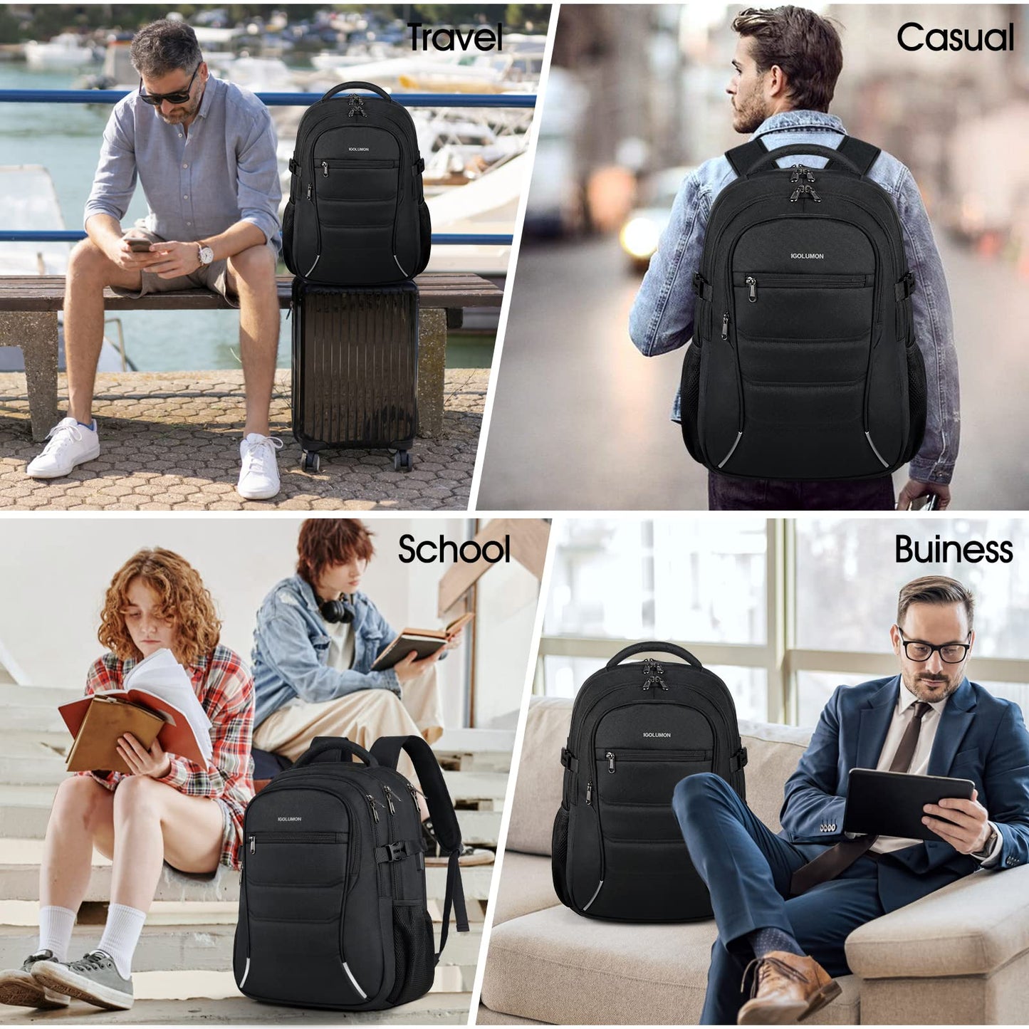 IGOLUMON backpack for men and women, large waterproof school backpack for teenagers, 15.6 inch laptop backpack for men, travel backpack for school, work, and business, carry-on luggage for planes.