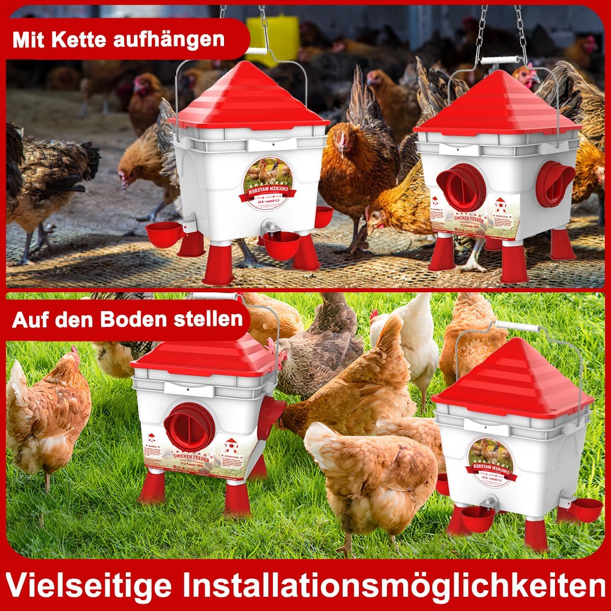 INNOLAND Chicken Feeder and Drinker Set, 6kg/8.5L | Automatic water supply and chicken feeder for poultry with 4 openings/4 bowls, adjustable legs, and steel chains