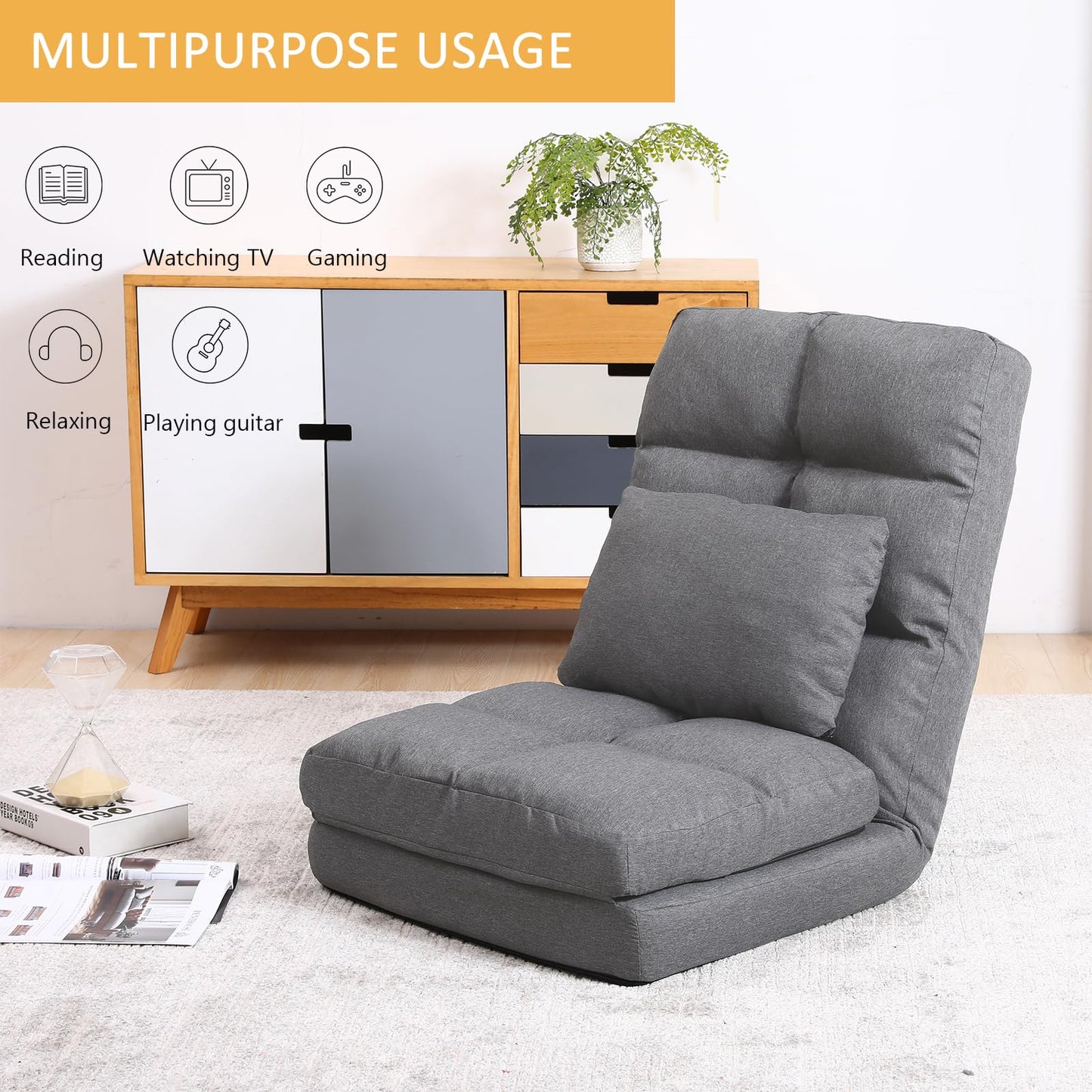 FLOGUOOR floor chair with backrest, floor sofa 14 level adjustable, floor seat up to 150kg load capacity, floor sitting cushion (8823) Gray