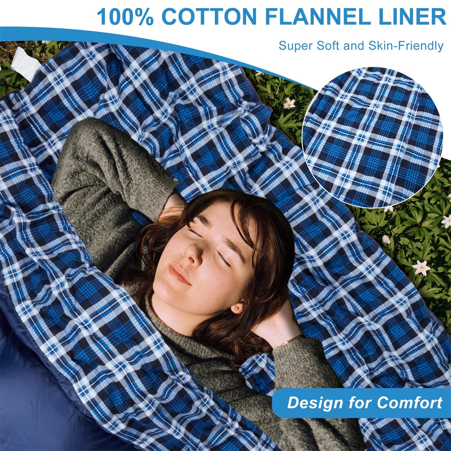 Cotton flannel double sleeping bag for camping, hiking, or trekking. Queen size 2 person waterproof sleeping bag for adults or teenagers. Lightweight sleeping bag for 2.