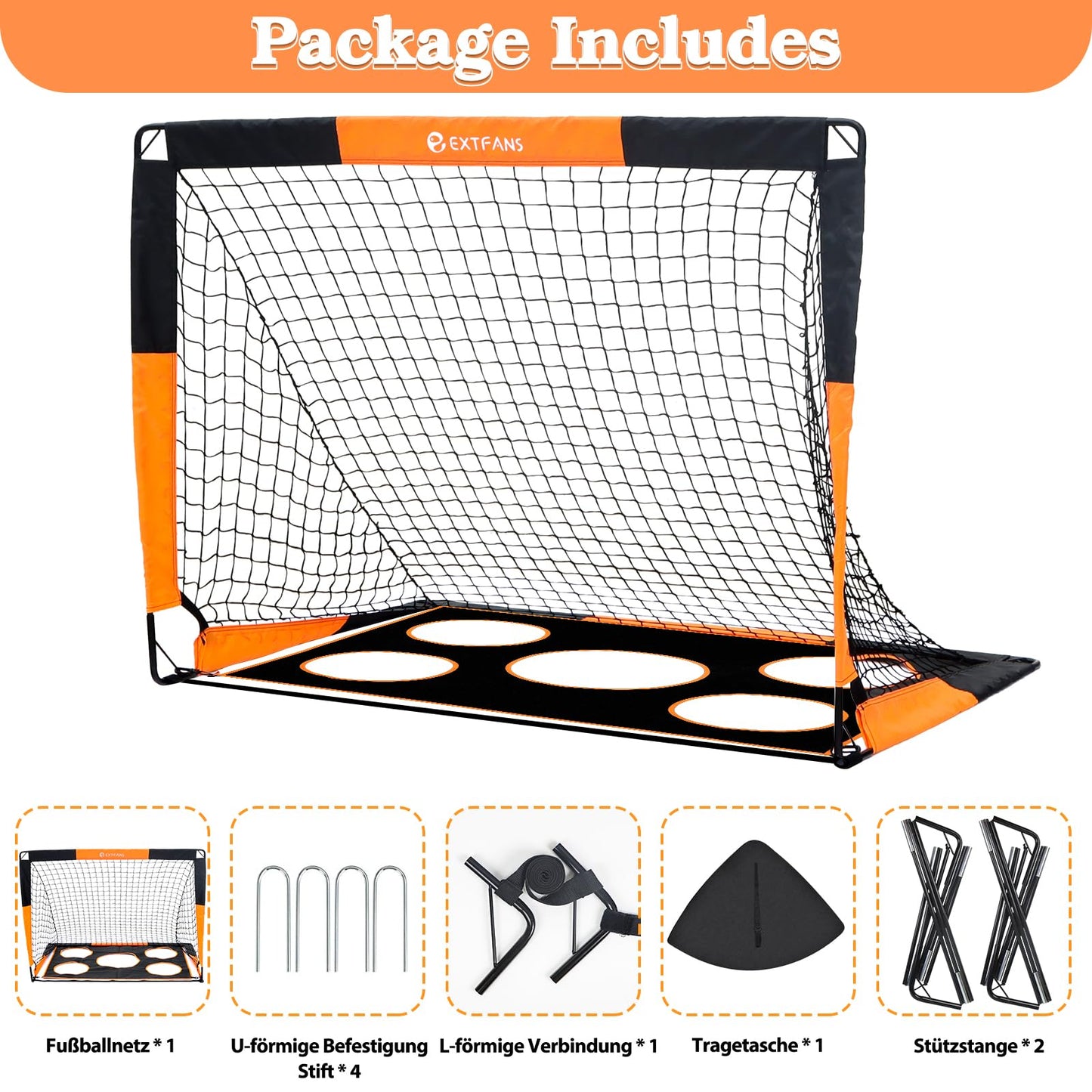 EXTFANS 2 in 1 Kids Soccer Goal, Pop-up Soccer Net with Target Goal, 4 U-shaped steel stakes and carrying bag, soccer goal for boys outdoor garden training gifts (1.2m*0.9m)