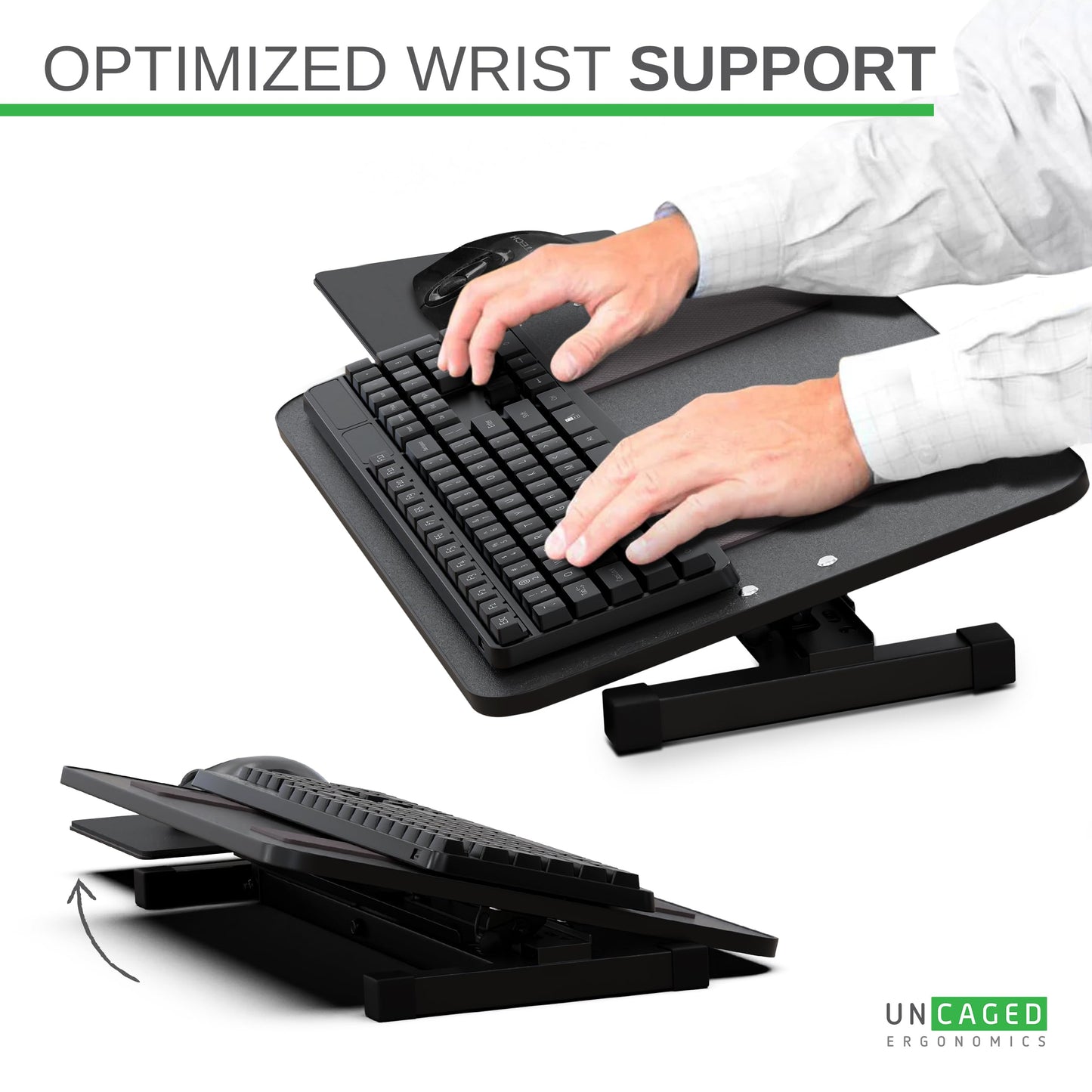 KT3 Ergonomic Keyboard and Mouse Stand (height adjustable and negative tilt) Sit Stand Up Riser on Desk Platform to elevate keyboards for standing above the desk