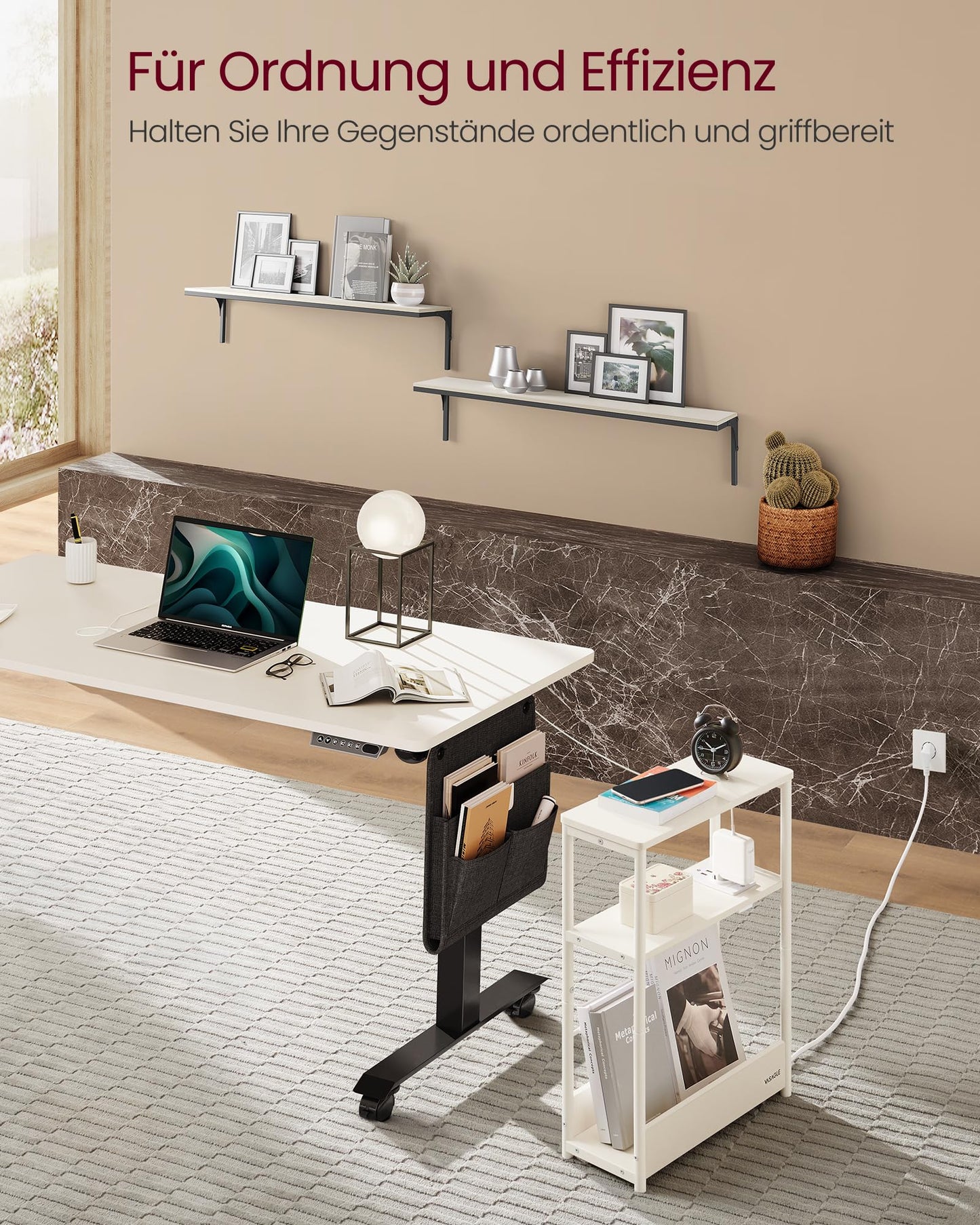 VASAGLE narrow side table with charging function, small coffee table with 3 shelves, magazine rack, for living room, bedroom, home office, cream white LET335W02