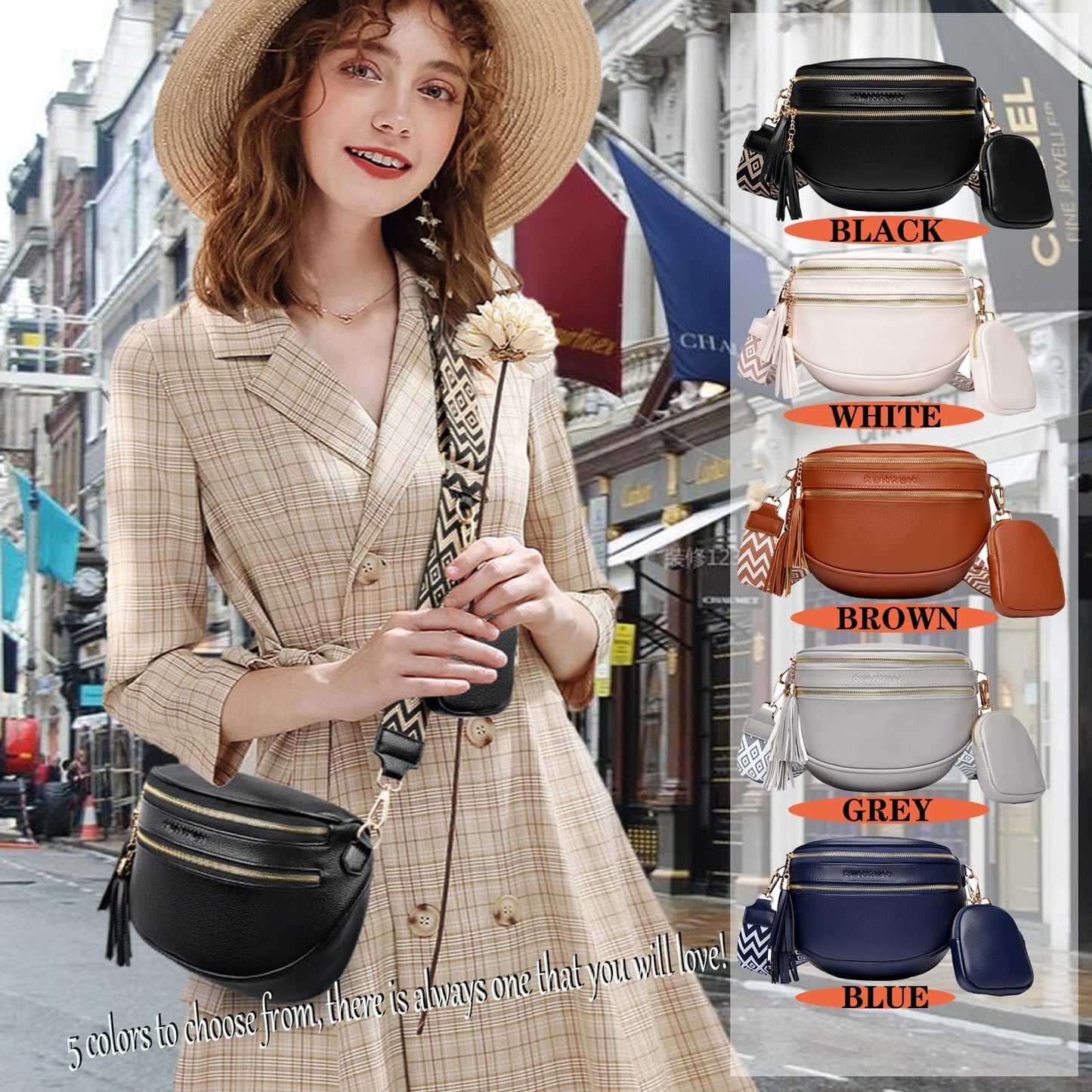 KUNKUN crossbody bag women wide strap shoulder bag large fanny pack vegan leather chest bag stylish blue with coin purse