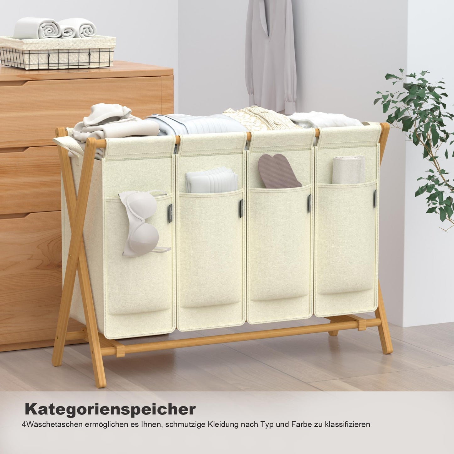 AdelDream 200L laundry basket with 4 compartments - Bamboo laundry collector & sorter, laundry sorting system, X-shaped laundry box, Beige