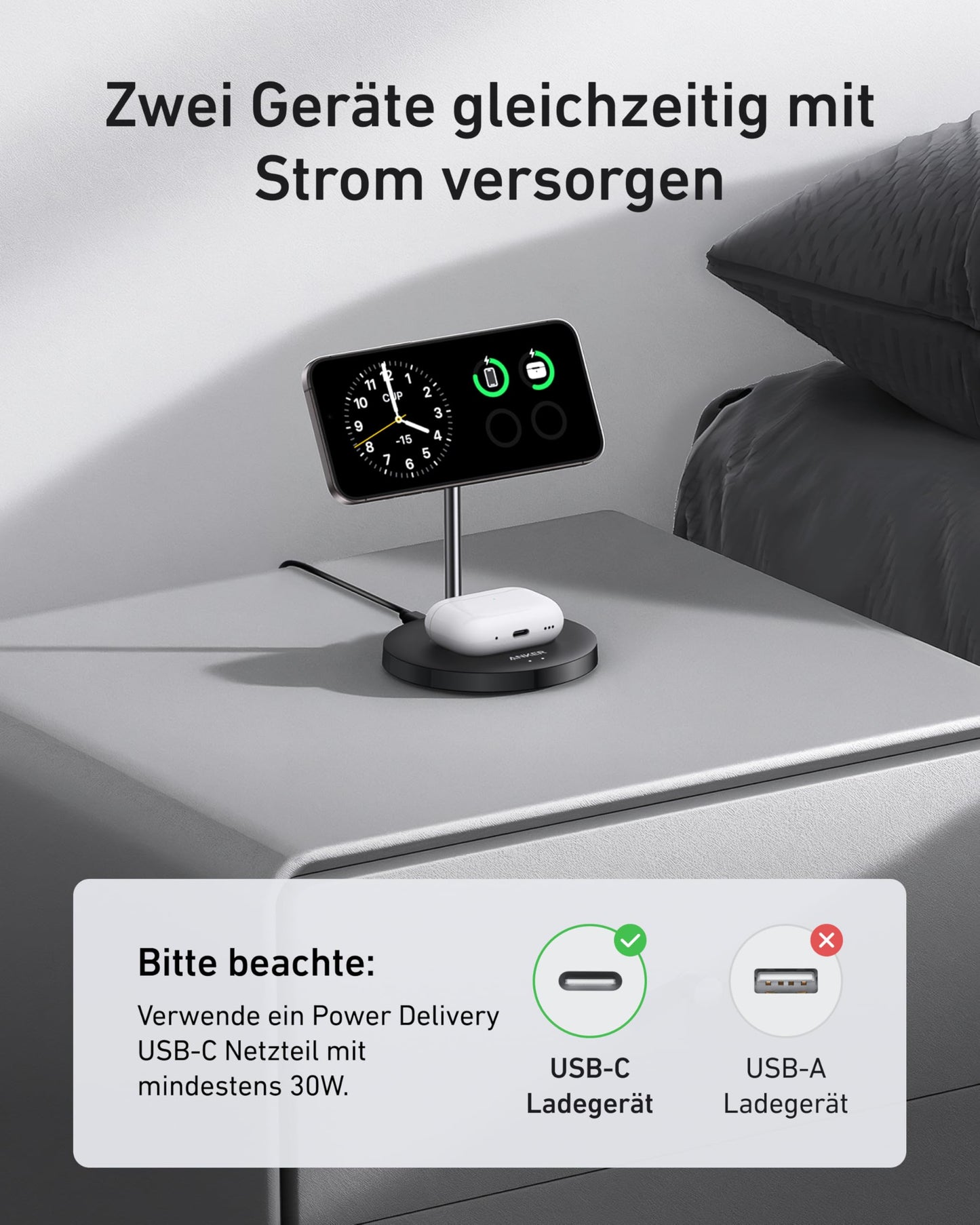 Anchor MagGo 15W Magsafe charger compatible, 2-in-1 inductive charging station, Qi2 wireless charger for iPhone 16/15/14/13/12, AirPods Pro, with 1.5m USB C cable, without power adapter.