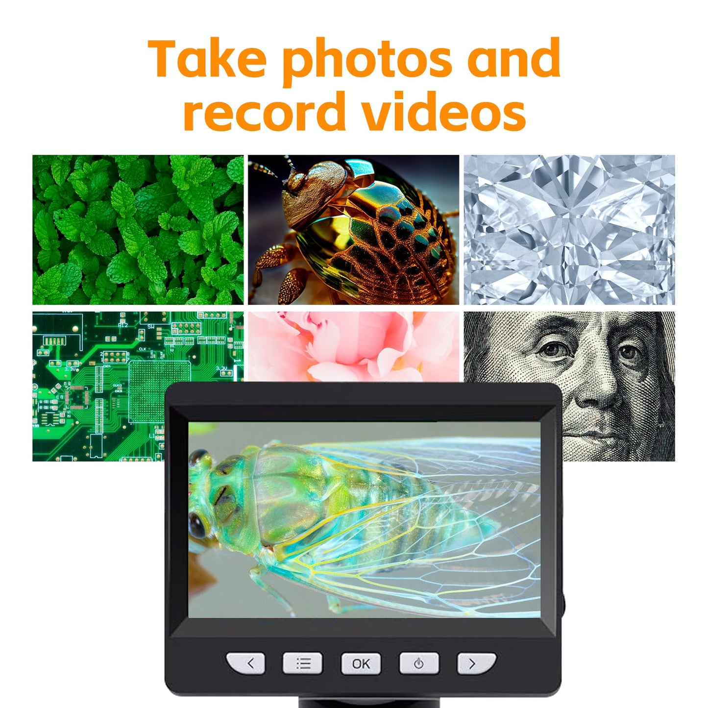 GlobalCrown Microscope for kids/adults, digital microscope with 4.3 inch screen, 1000X magnification and 8 adjustable LED lights, compatible with Windows/Mac.