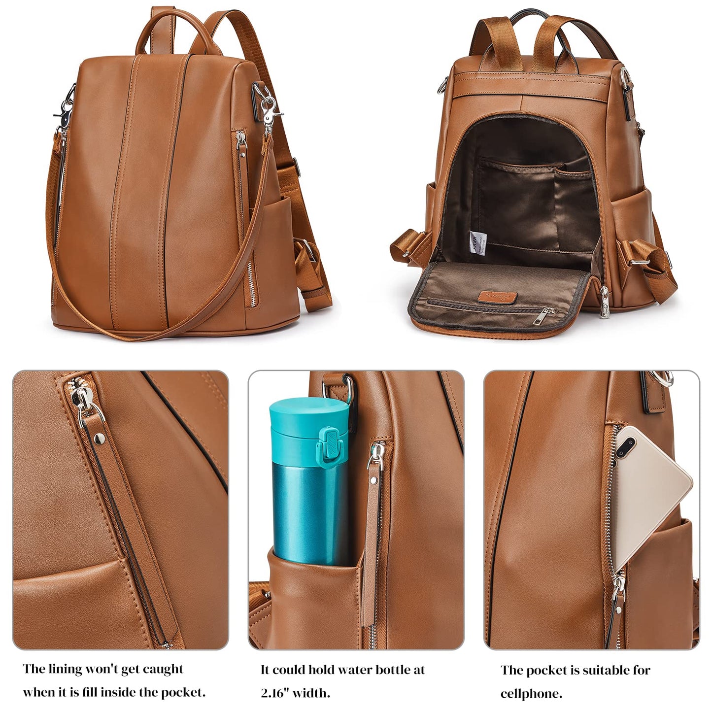 S-ZONE Women's Backpack, Soft Leather, Theft Protection, Wallet, Waterproof, School Bag, 2-Brown, 38