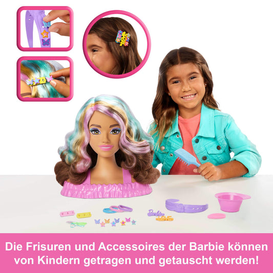Barbie Styling Head with dark brown hair comes with over 20 styling accessories including stars, butterflies, and color-changing hair clips, JFG82.