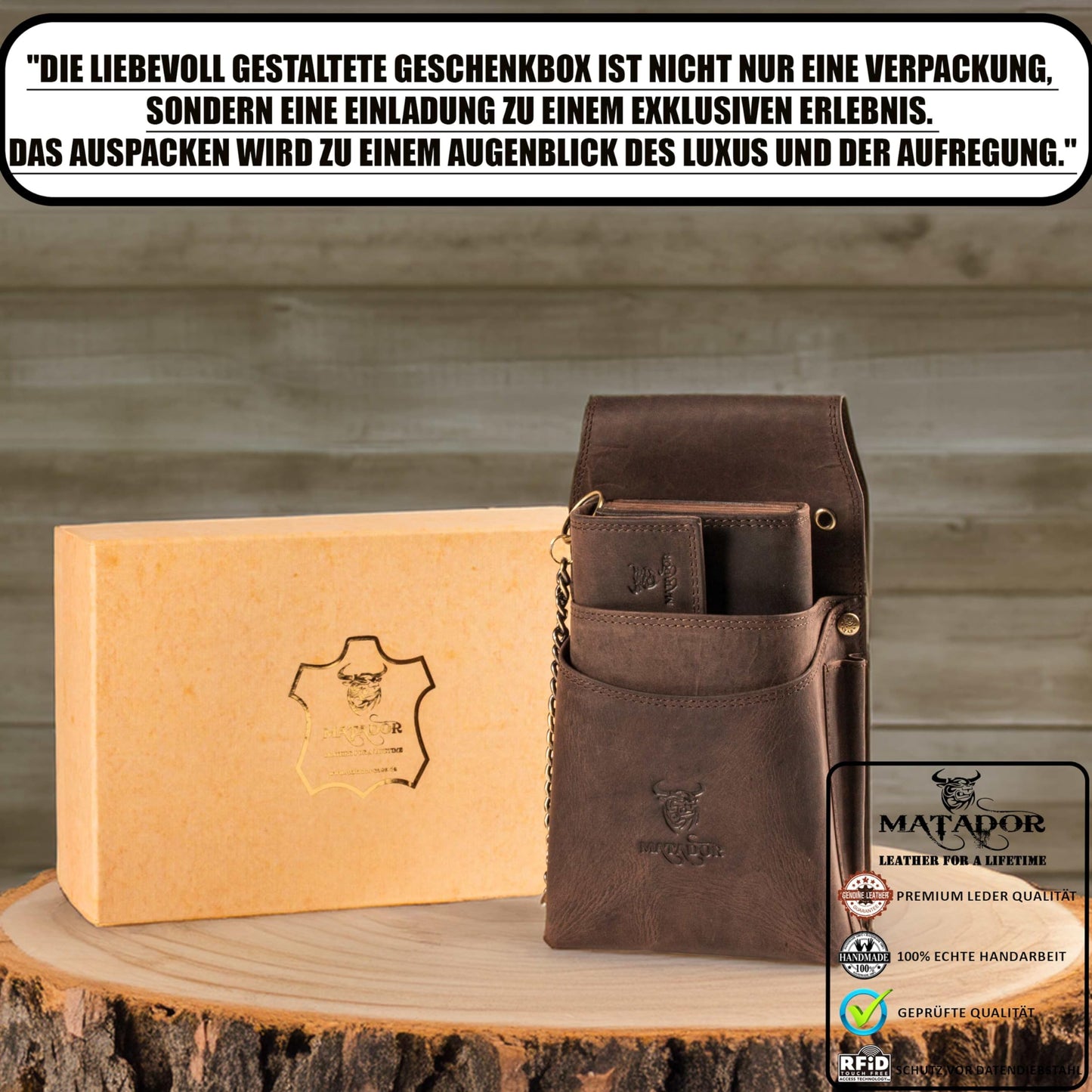 MATADOR waiter's purse leather #VICIO incl. XXL waiter bag with belt loop, luxury waiter wallet leather with elegant gift box and RFID protection incl. sturdy metal chain, Dark Brown
