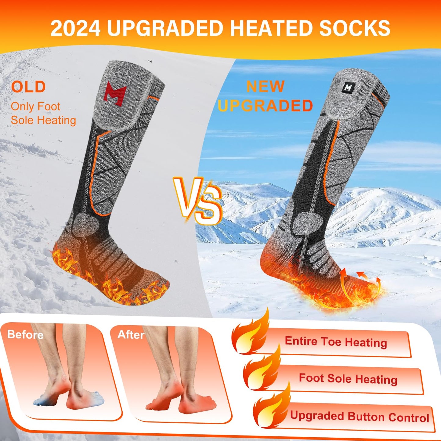MRAWARM Heated Socks, 6000mAh Rechargeable Battery Electric Heated Socks for Men Women, 3 Heat Levels Winter Cotton Socks for Outdoor Sports.