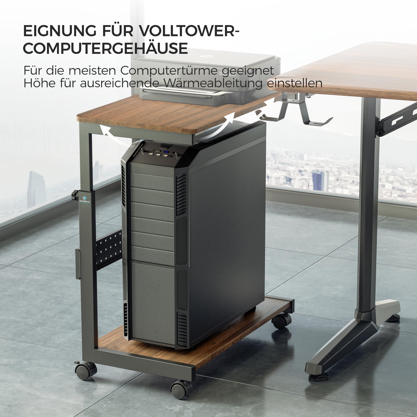 EUREKA ERGONOMIC Adjustable PC Tower Stand, ATX Case CPU Holder PC Cart, CPU Stand with Wheels and Mouse Pad, Walnut Color.