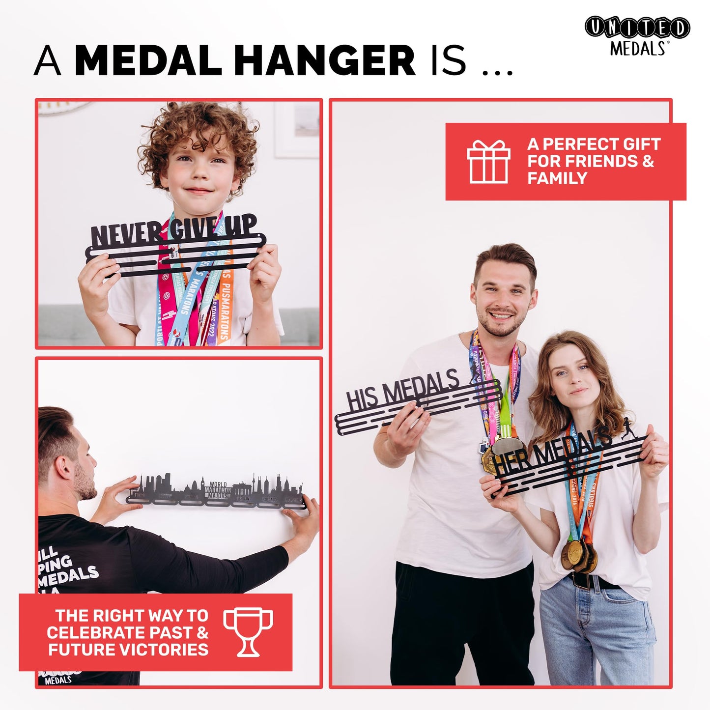 United Medals Finisher Medal Holder for Running, holds up to 48 medals - Runner's gift, marathon accessory - Medal Holder Hanger Display Rack - Black