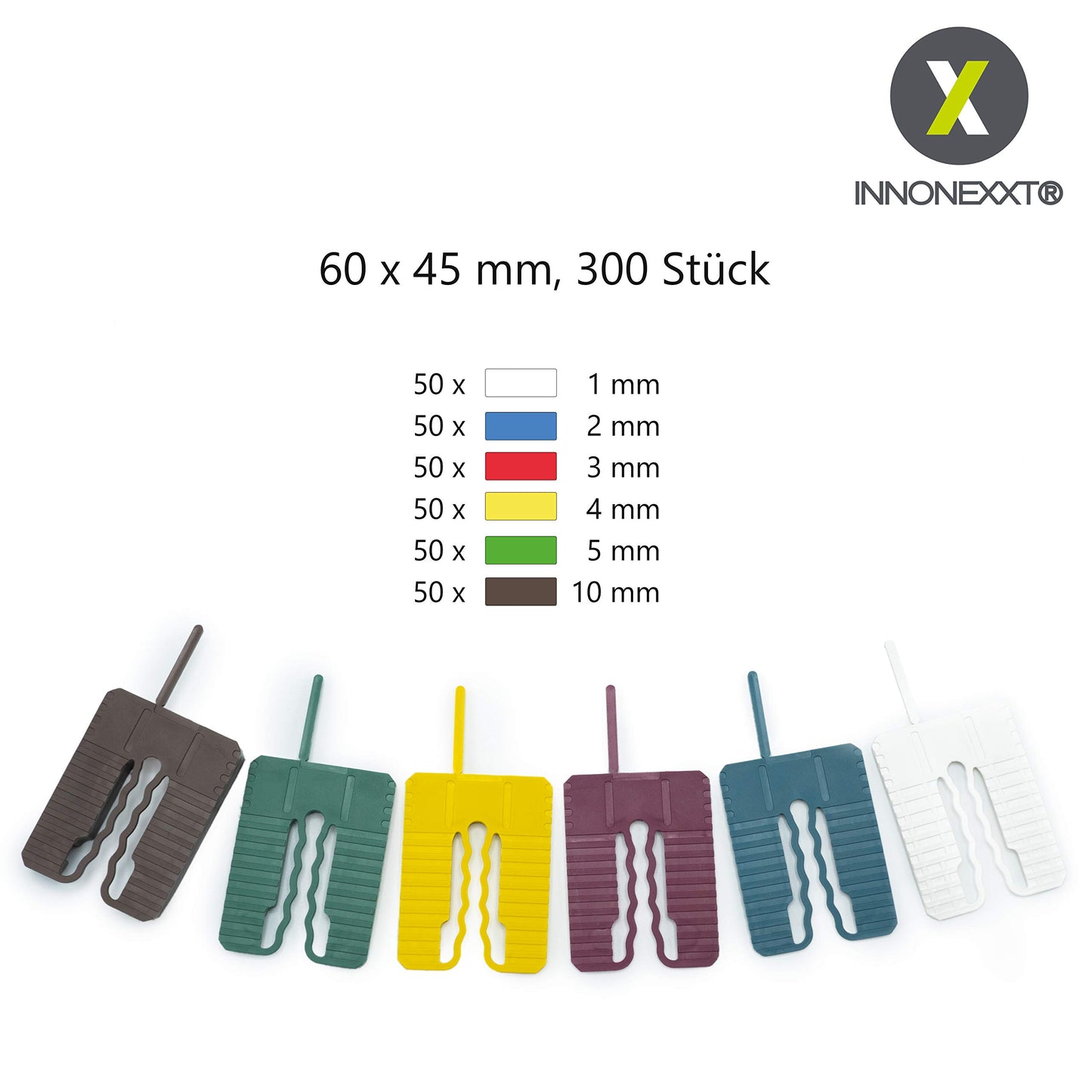 INNONEXXT® Premium Spacer | 60 x 45 mm | Shim plates, spacers, distance holders | Set: 1, 2, 3, 4, 5, 10 mm (300 x Spacers 60 x 45 mm)