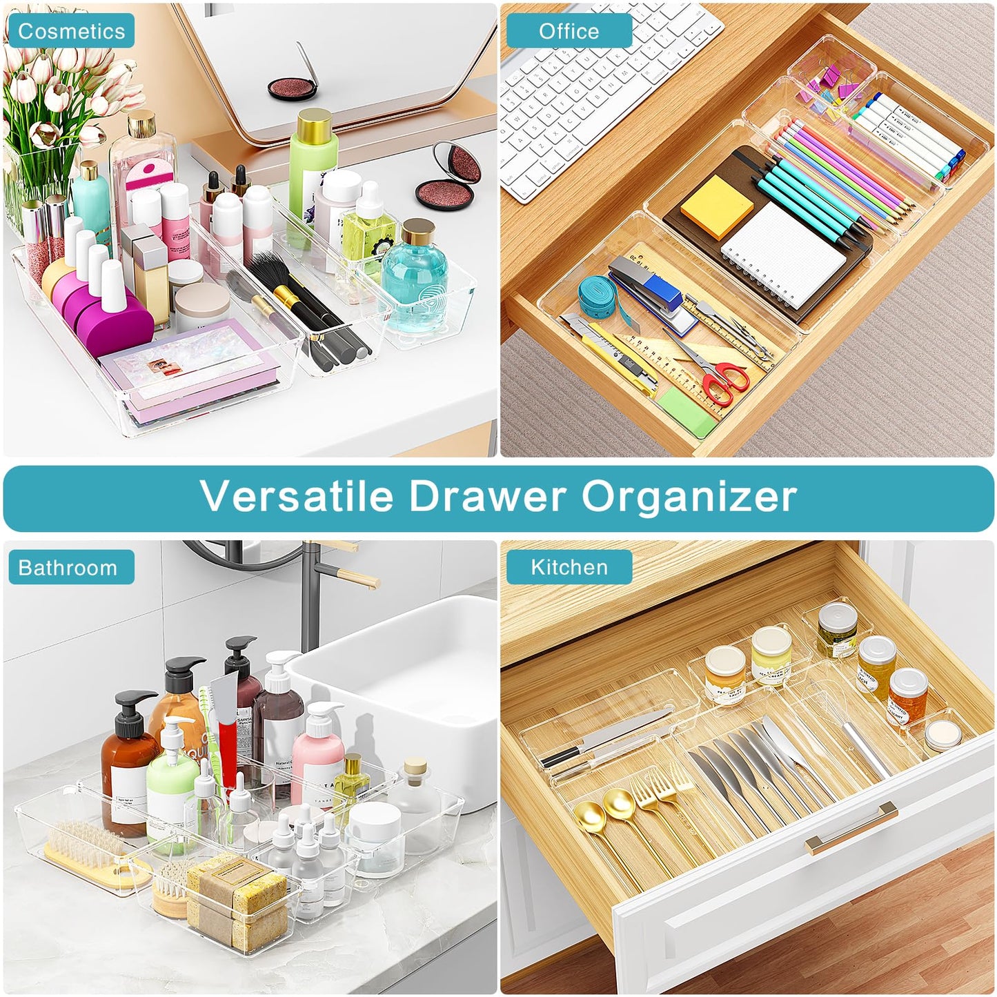 Radikor Drawer Organizer - 50 piece vanity organizer in 4 sizes, Makeup organizer, Drawer organization system for desk, office, kitchen, bathroom.