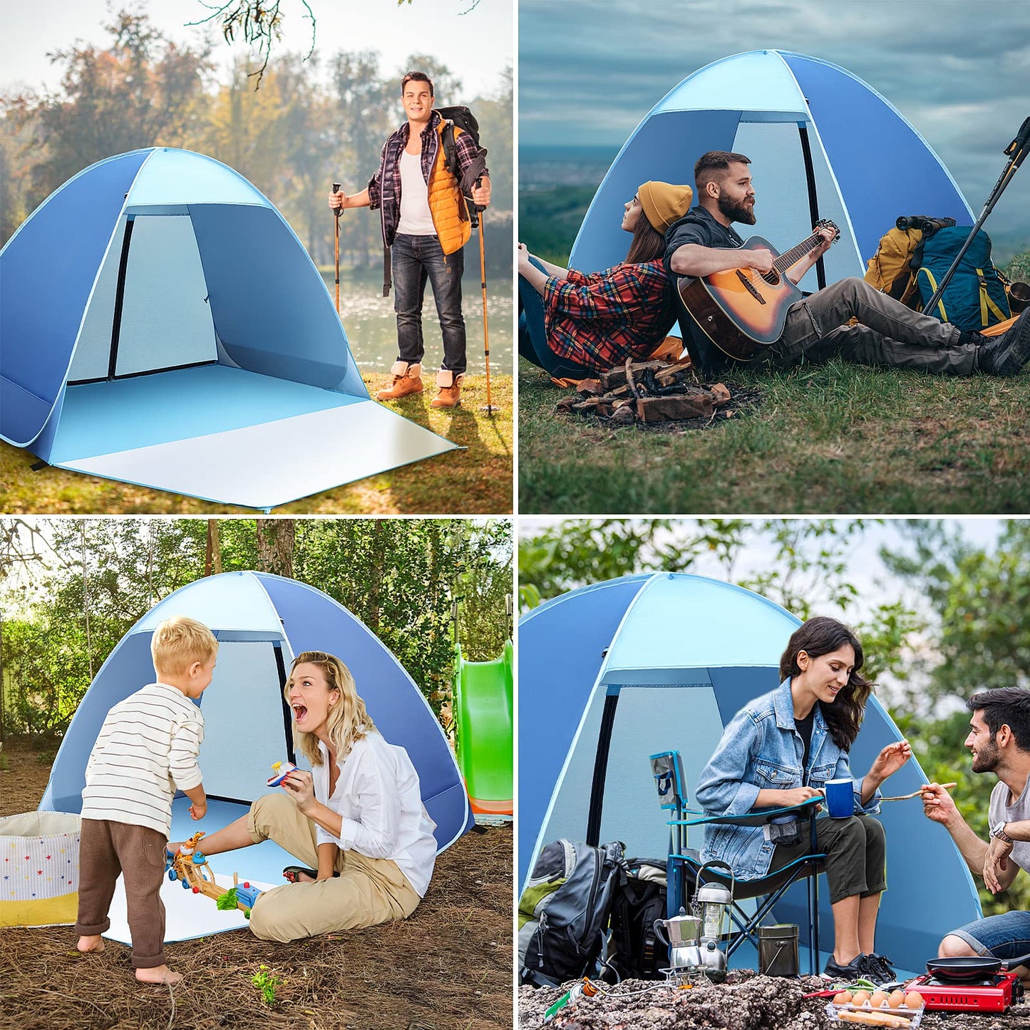 Pop-up beach tent, 2-3 person family tent with UV protection UPF 50+. Beach tent with zipper backdoor, front door with buckles. Compact size for sun protection at the beach or in the garden.