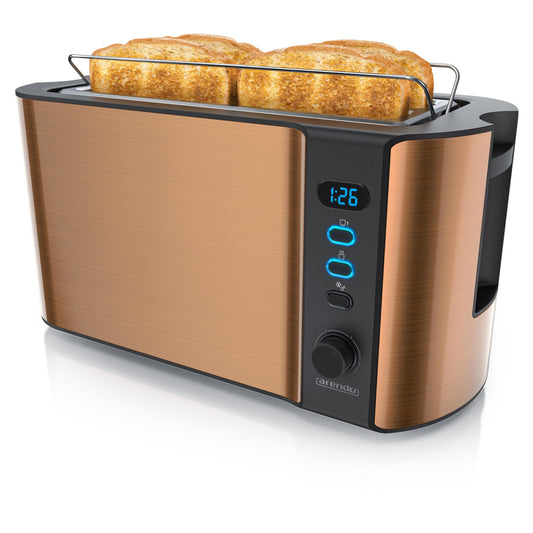 Arendo - Stainless Steel Long Slot 4-Slice Toaster - Defrost Function - Heat-insulating housing - with integrated roll attachment - 1500W - Crumb tray - Display with remaining time display - Copper