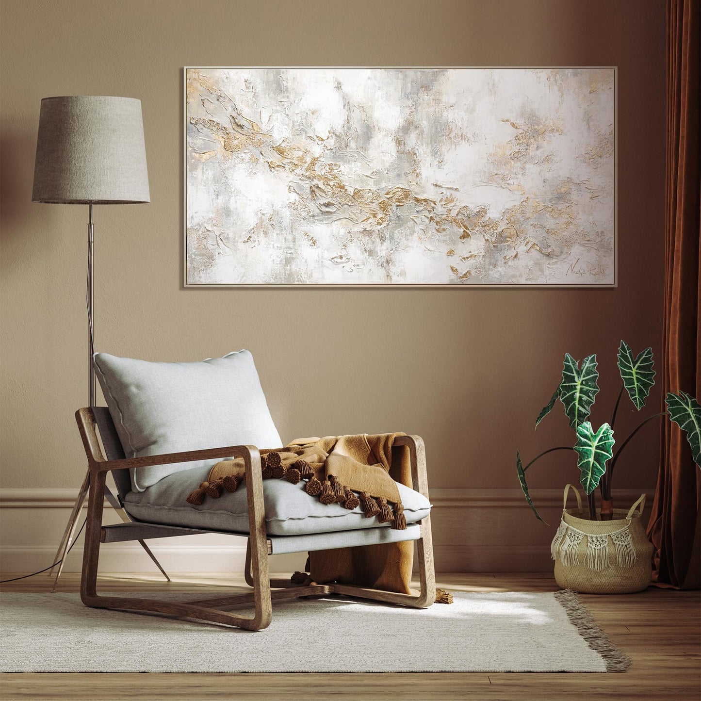 YS-Art Luxury Abstract Acrylic Painting on Canvas History Hand-painted Wall Art Living Room Modern Home Decor Office Gold Grey Beige Real Art with Frame 120x60 cm