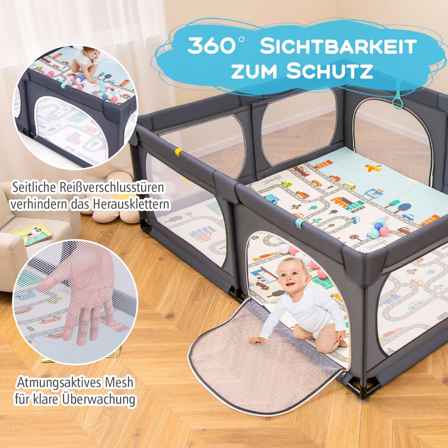 DREAMADE Playpen Baby, 189 x 158 cm Play Yard with Mattress & 4 Pull Rings & 50 Ocean Balls & Carrier Bag, Large Safety Gate for Babies & Toddlers 0-3 Years (with Mattress, Dark Grey)