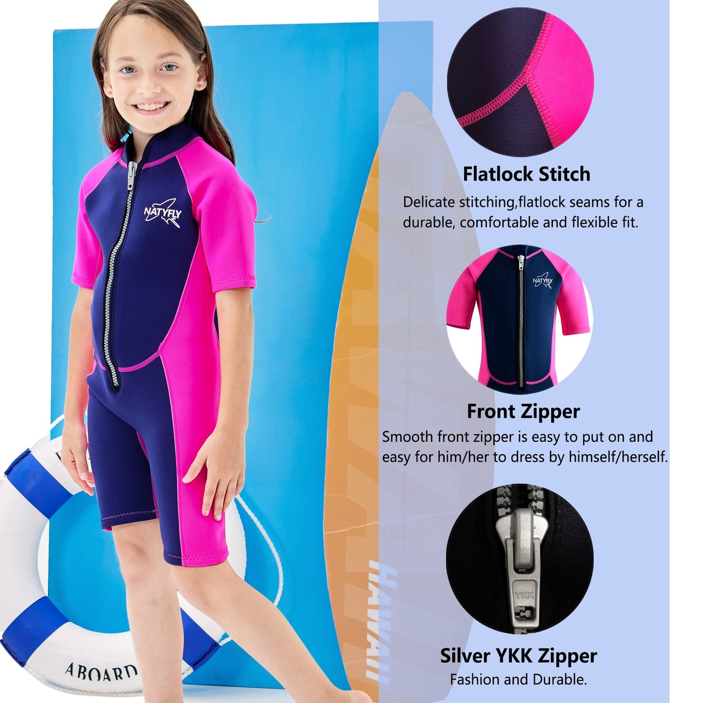 NATYFLY Kids Shorty Wetsuit 2.5mm Children's Neoprene Thermal Swimsuit UV Protection Swimsuits for Girls Boys One Piece WetSuits (Pink, 6 Years)