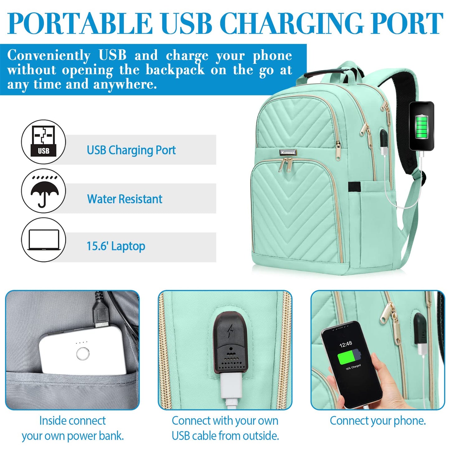 Kuosdaz Backpack Women 15.6 Inch, Large School Backpack Girls Teenager, with USB Charging Port for Laptop Work Waterproof Backpack, University, Travel, Business, Everyday, Women, School, Mint Green