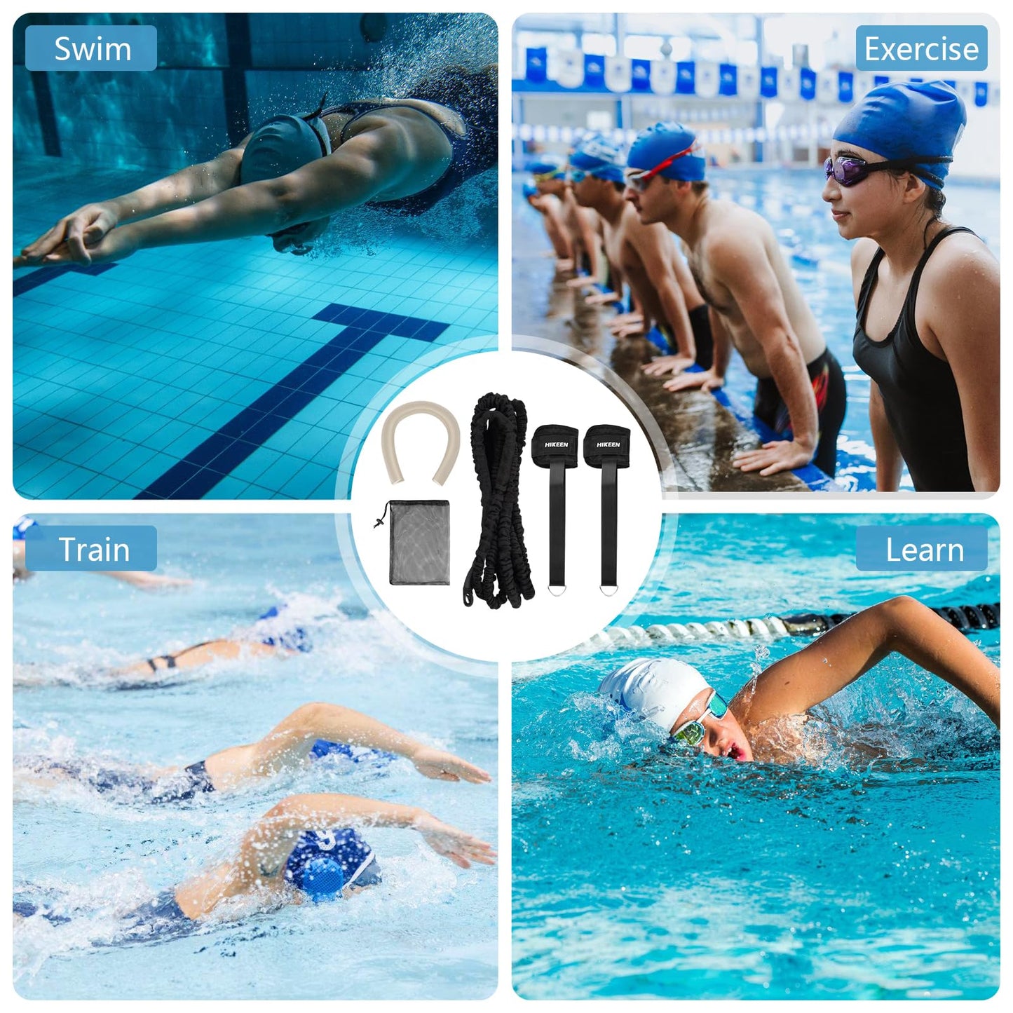 BOOSTEADY Swimming Belt for Pool with Ankle Straps for Swimming Anti-collision Strips Storage Mesh Bag, 3.6M Adjustable Swim Resistance Belt Kit Swim Aid Swim Trainer for Adults
