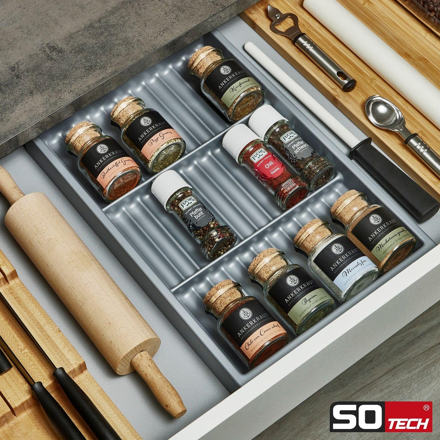 Orga-Box spice jar insert SEPARADO Individual silver-grey grained (300 x 474 x 51 mm) Drawer insert for spice jars and glasses, suitable for cabinets with a width of at least 40cm.