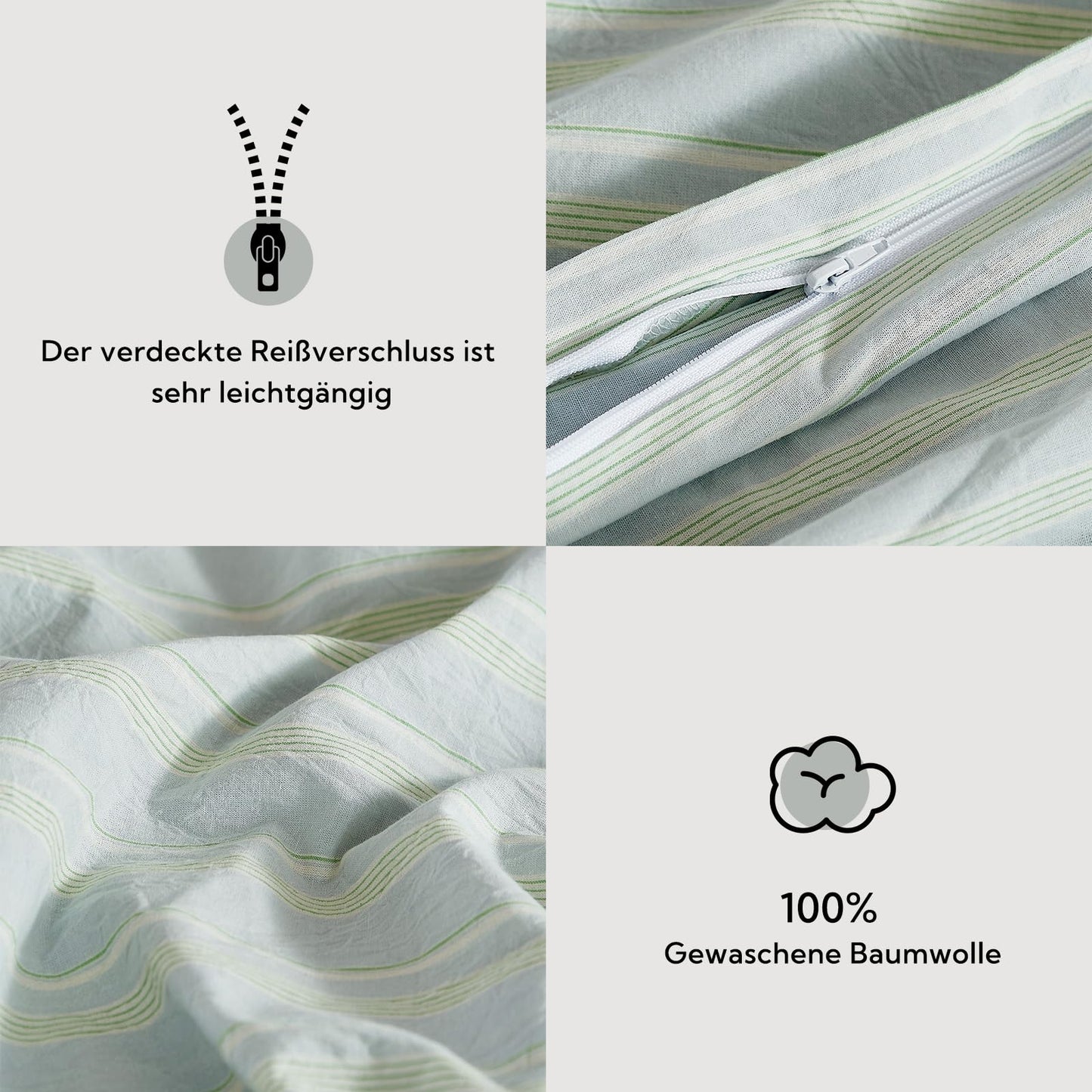SOULFUL bedding set 135x200 made of striped cotton, 100% washed cotton, light green color, ÖKOTEX certified. Includes 1 duvet cover 135x200 and 1 pillowcase 80x80.