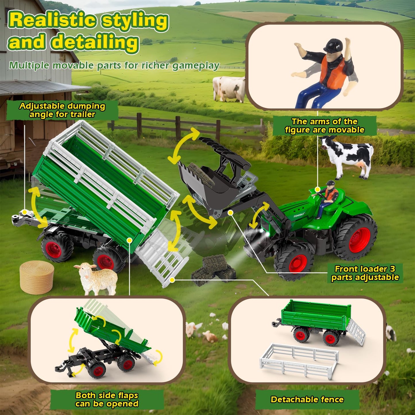 PENGBU RC Remote Control Tractor with Trailer, 2.4 GHz Remote Control Toy Tractor, Kids Tractor Remote Control with Front Loader, Trailer, Cow, Sheep, and Hay Bales for ages 3-8.