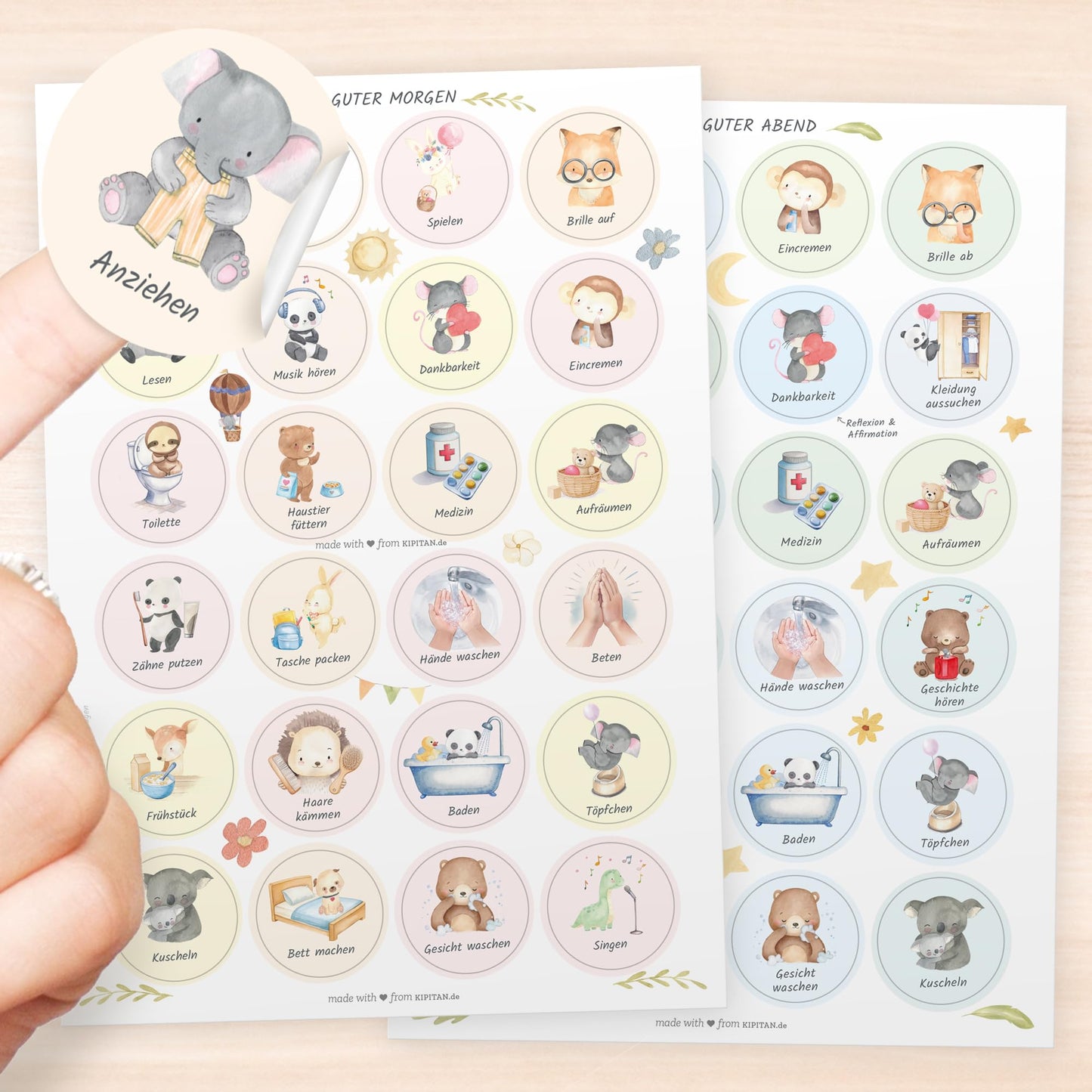 Morning and evening routines for kids - Routine planner for morning and evening: Animals (DIN A4 daily plan with flaps, Handmade in Germany) Checklist with Velcro dots to flip.