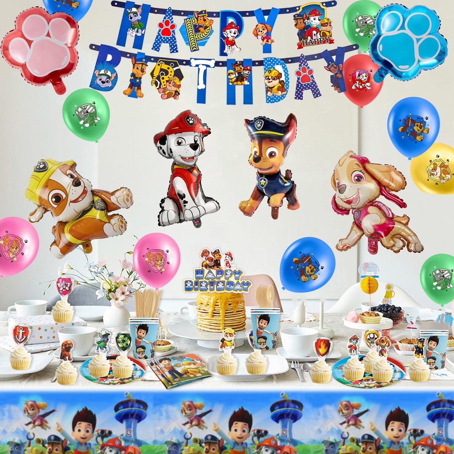 105-piece paper plate set for kids' birthday party with Paw Dog Patrol decoration - includes reusable cups, napkins, tablecloth, and partyware for 10 people.