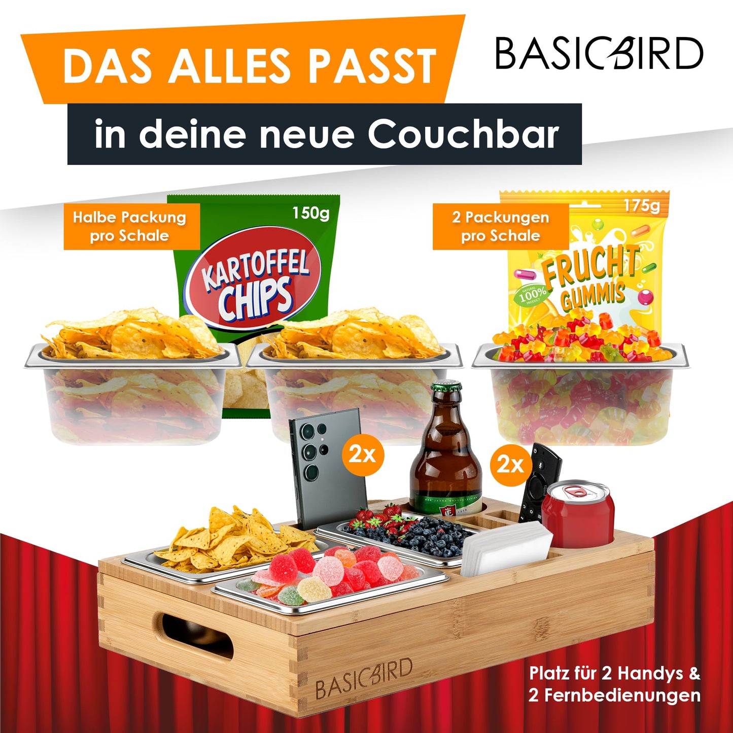BASICBIRD® Couchbar Snackbox - Organizer Tray - Snack dispenser with 3X snack bowls - Wood sofa tray for sofa, decor, couch bar with drink holder - Snackbox with compartments - RV equipment
