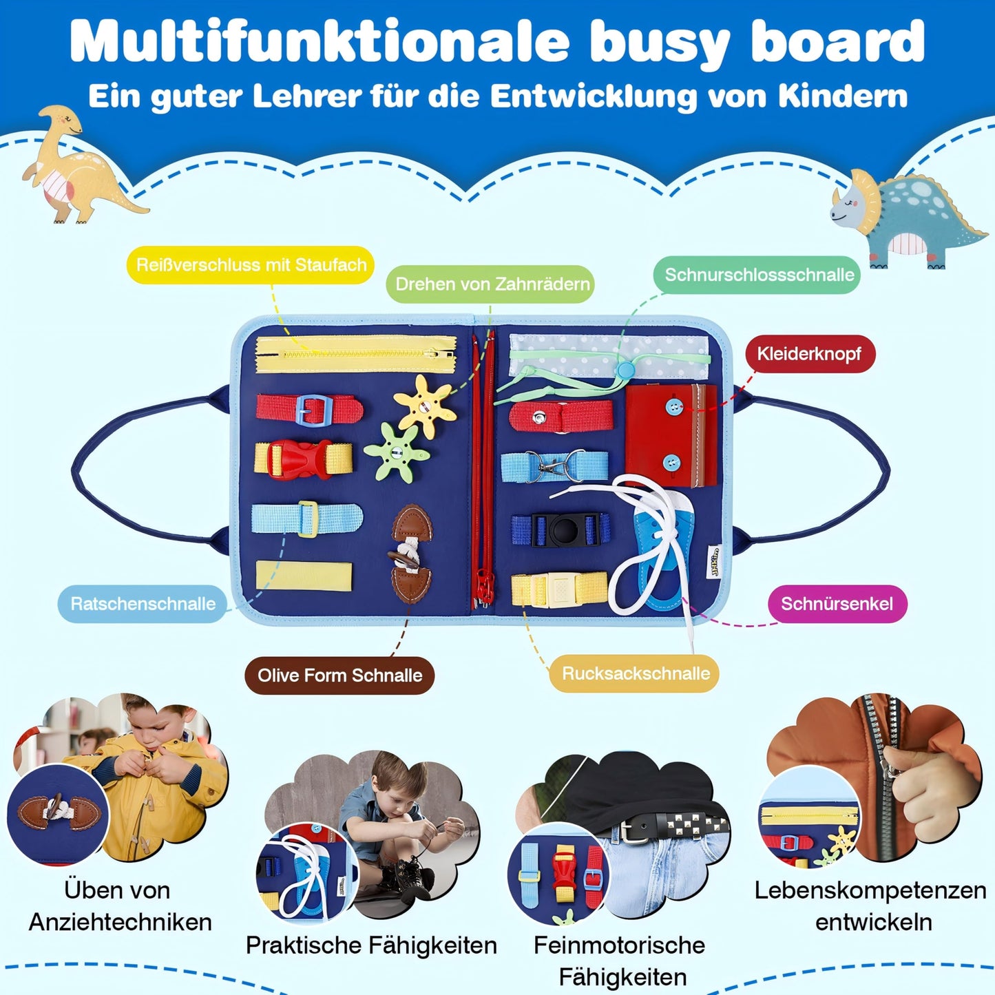 JHkim Busy Board German Montessori Toy for 1 2 3 4 year olds, Gift for Boys & Girls, Children's Learning Activity Board, Kids Motor Skills Toy, Motor Skills Board for Travel/Car/Plane