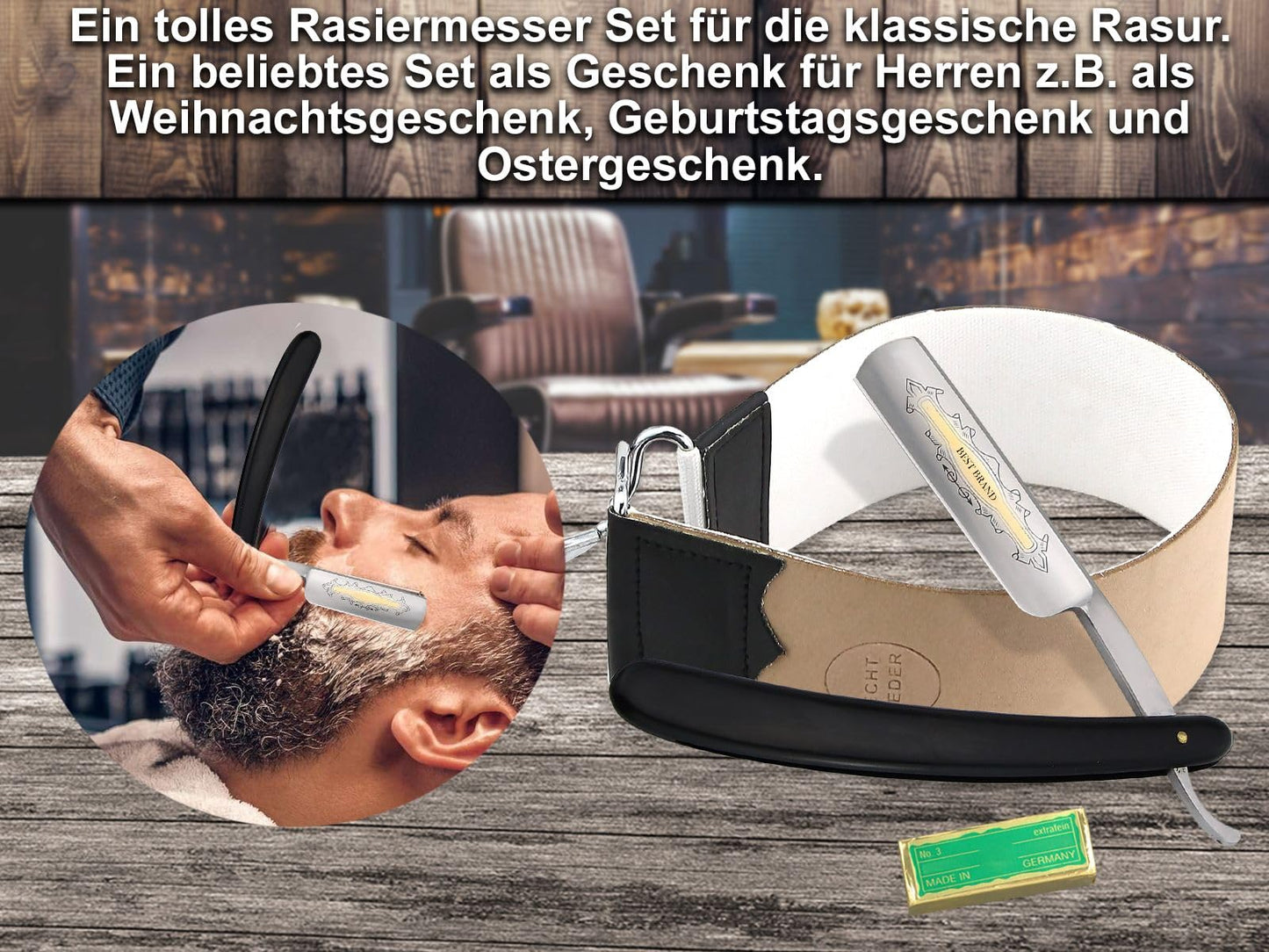 InstrumentsNRW Solingen straight razor set with wooden handle and gold etching - Traditional for men - Brown, Gold - Made in Germany